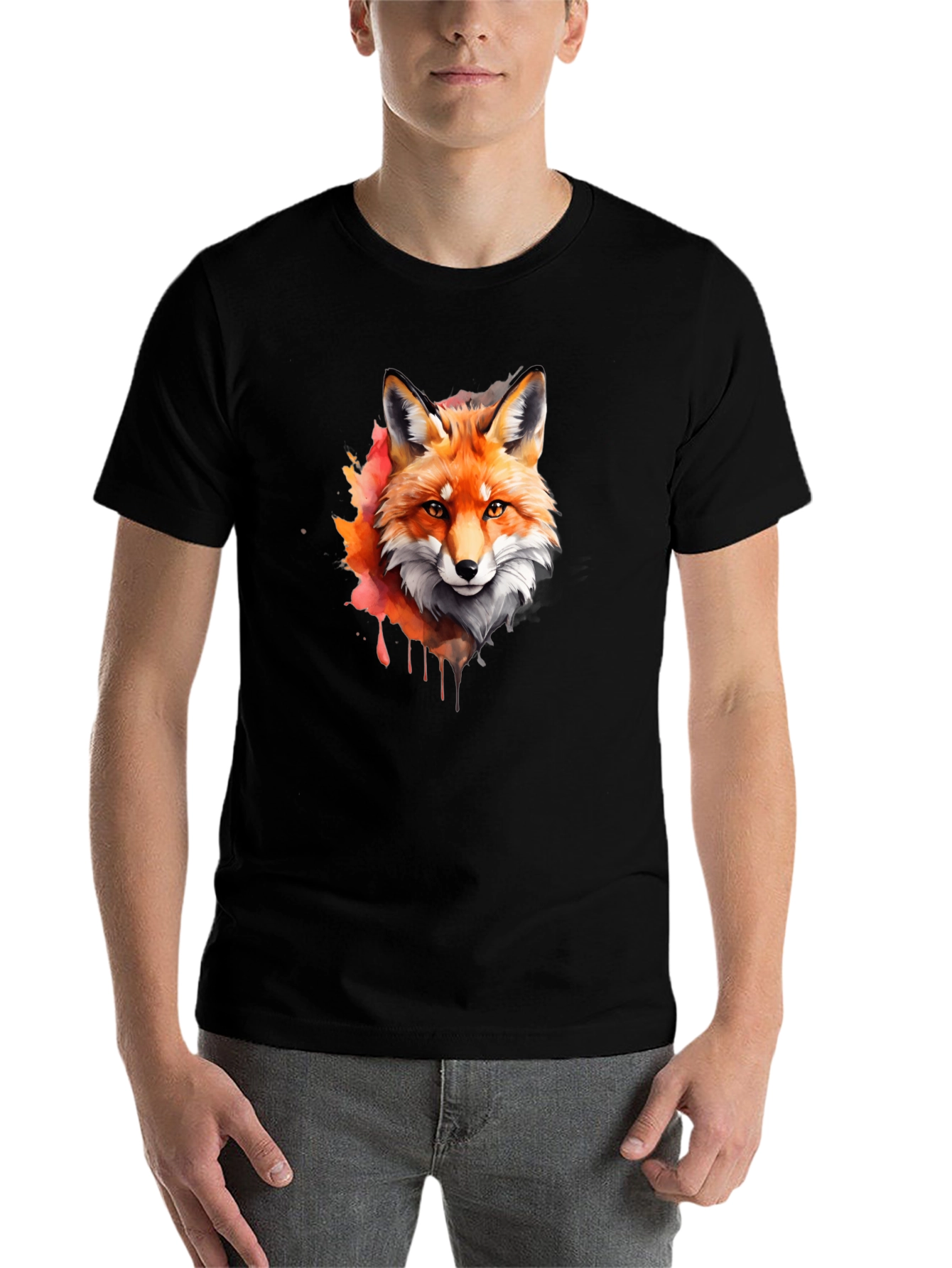 Black Fox Watercolor Graphic Tee - Stylish Men's Black T-Shirt view 7
