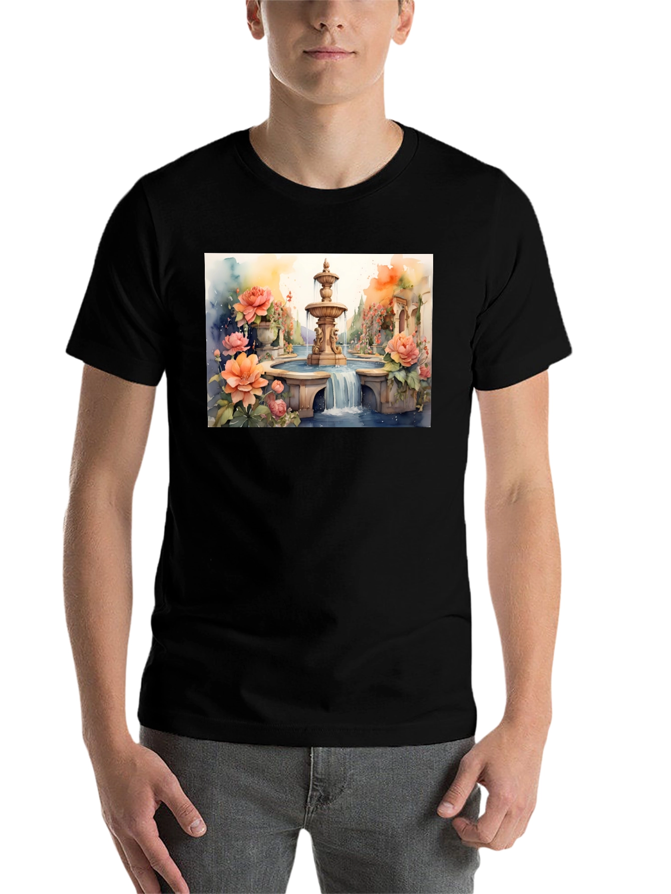Black Floral Fountain Watercolor Art T-Shirt view 7