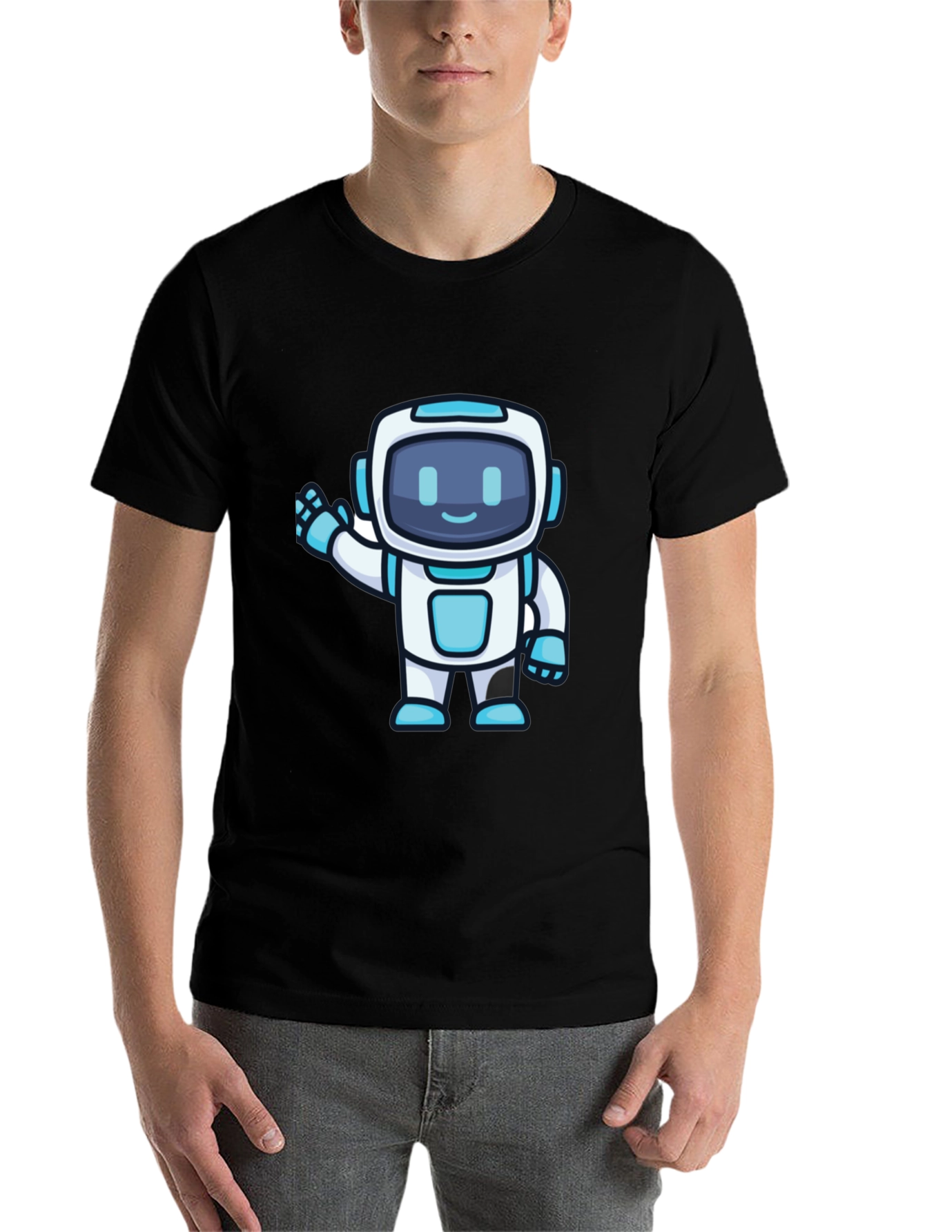 Black Cute Robot Graphic T-Shirt - Black Crew Neck view 7