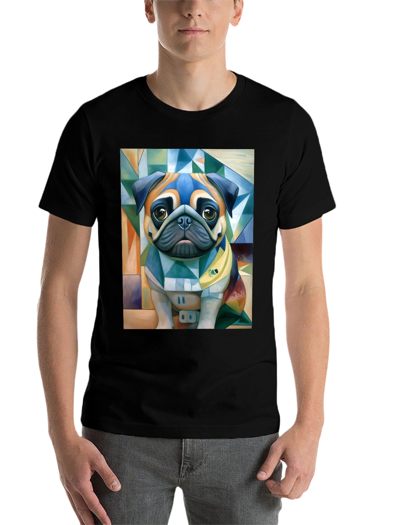 Black Pug Art T-Shirt - Unique Geometric Dog Design view 7