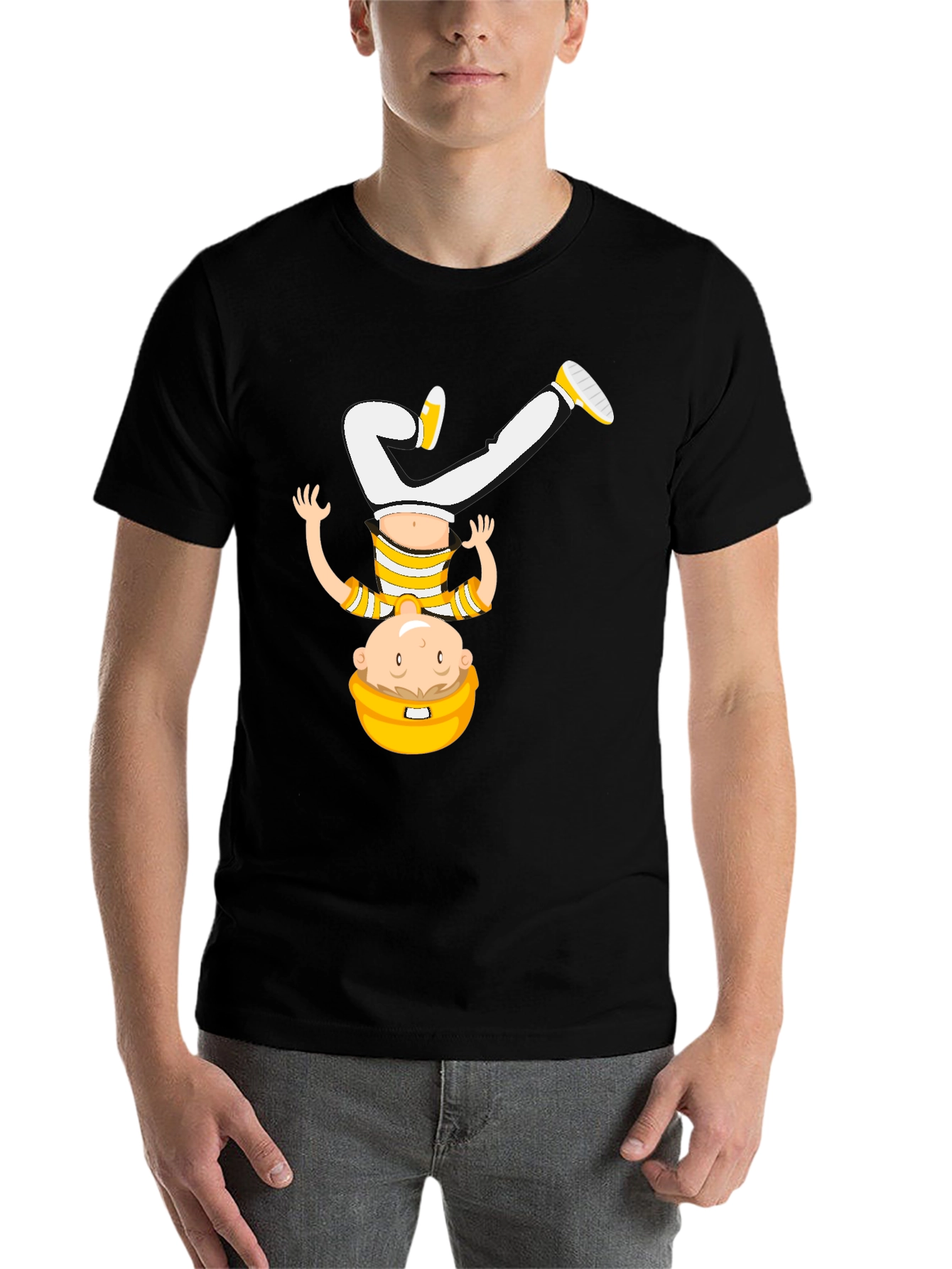 Black Funny Upside Down Cartoon T-Shirt - Black view 7
