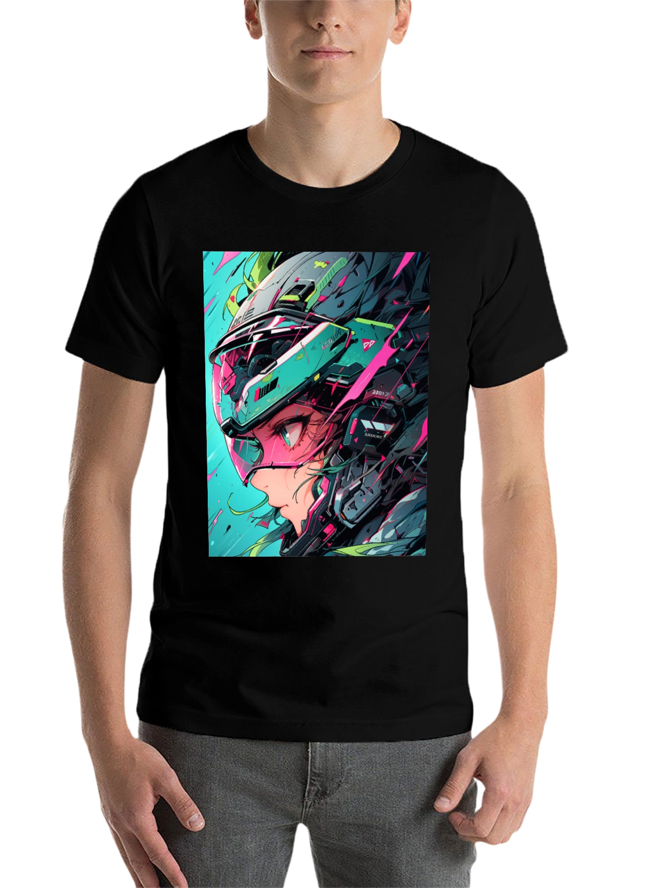 Black Cyberpunk Girl Helmet Graphic Tee view 7