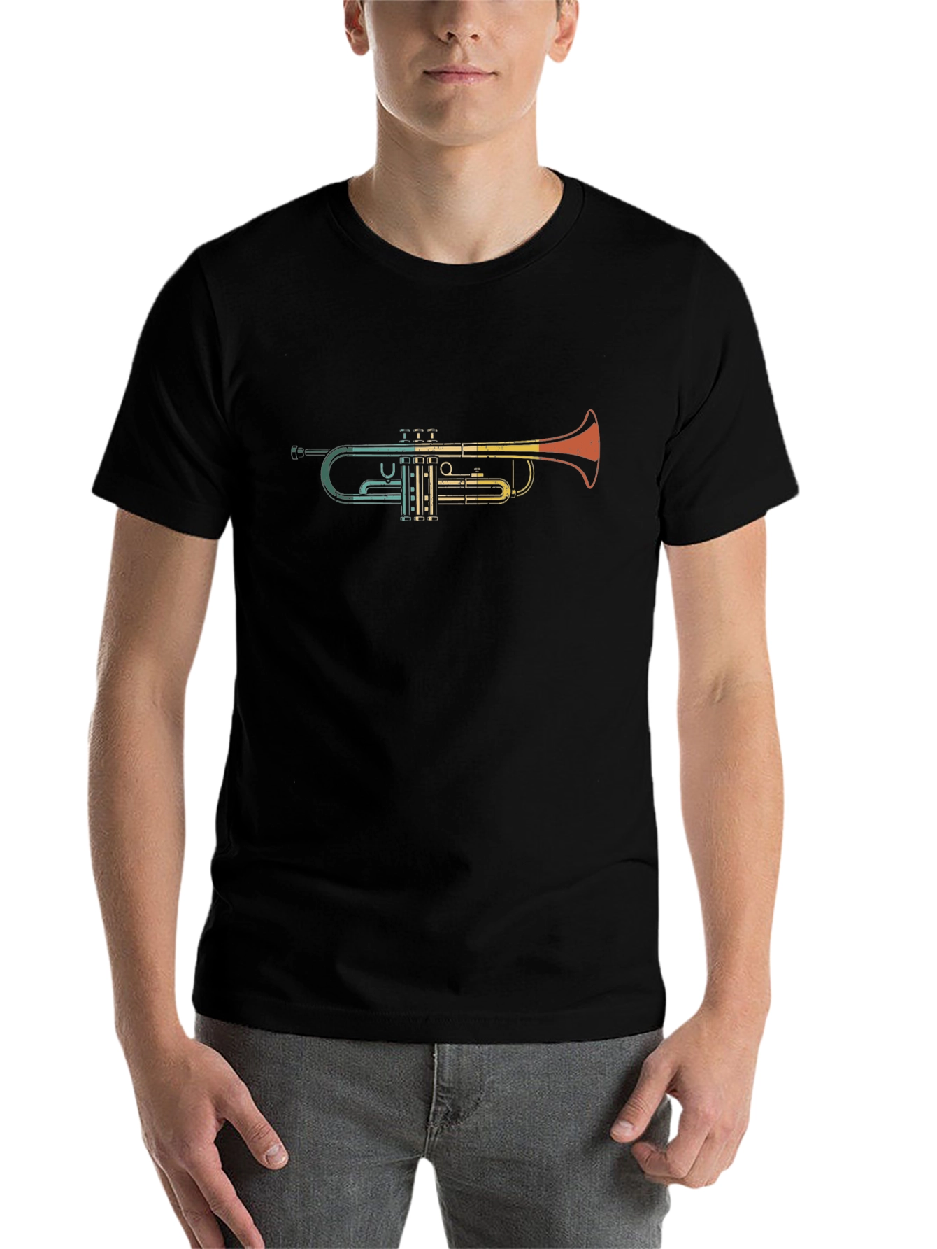 Black Retro Trumpet Graphic Tee - Black Cotton T-Shirt view 7