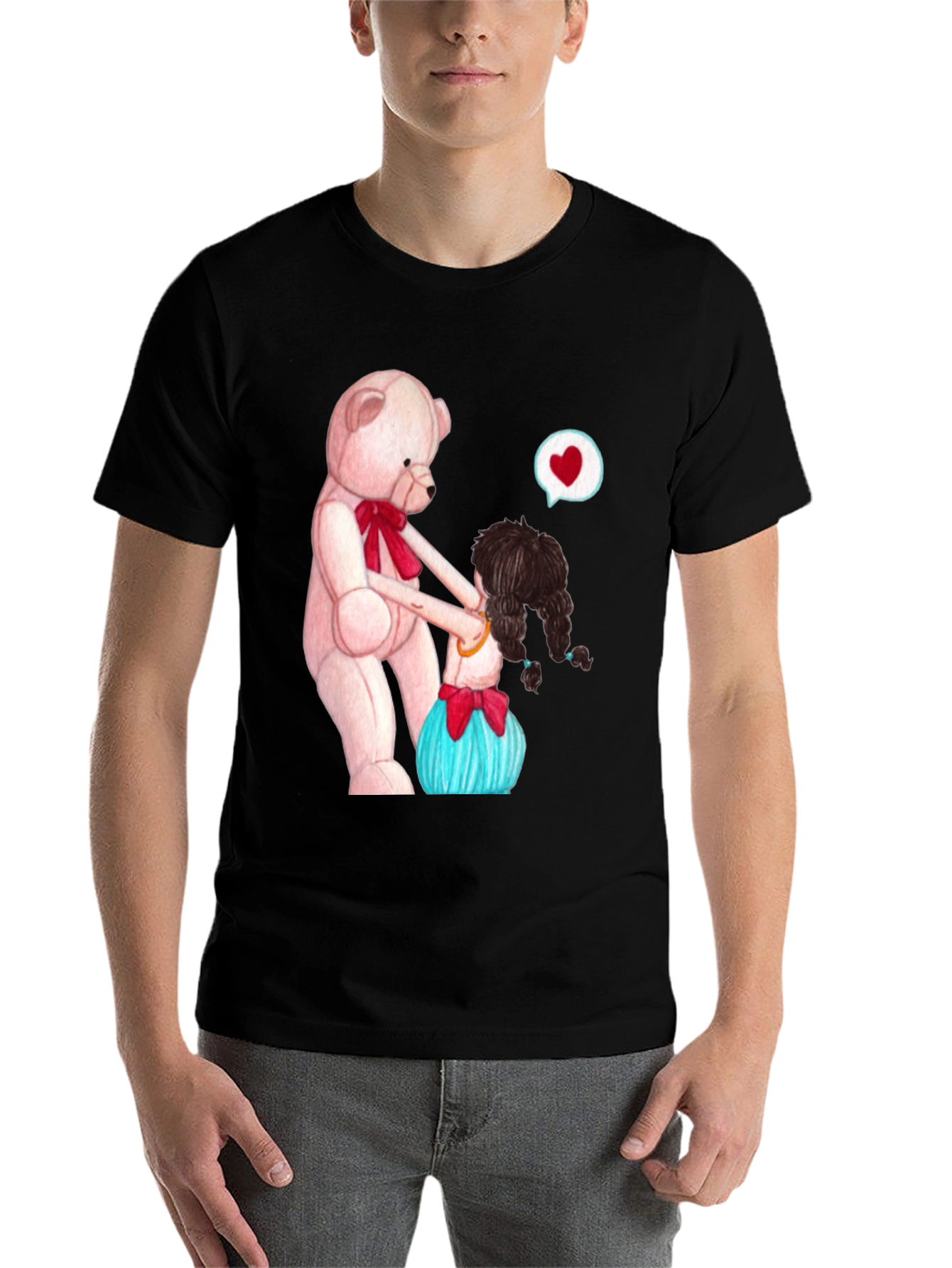 Black Cute Teddy Bear & Girl Black Graphic Tee view 7
