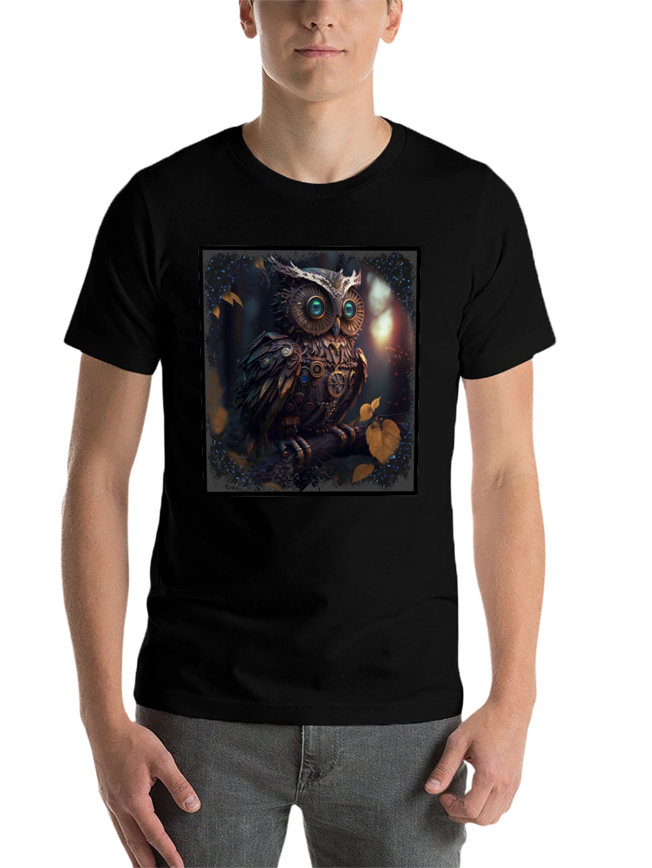 Black Steampunk Owl Graphic Black T-Shirt view 7