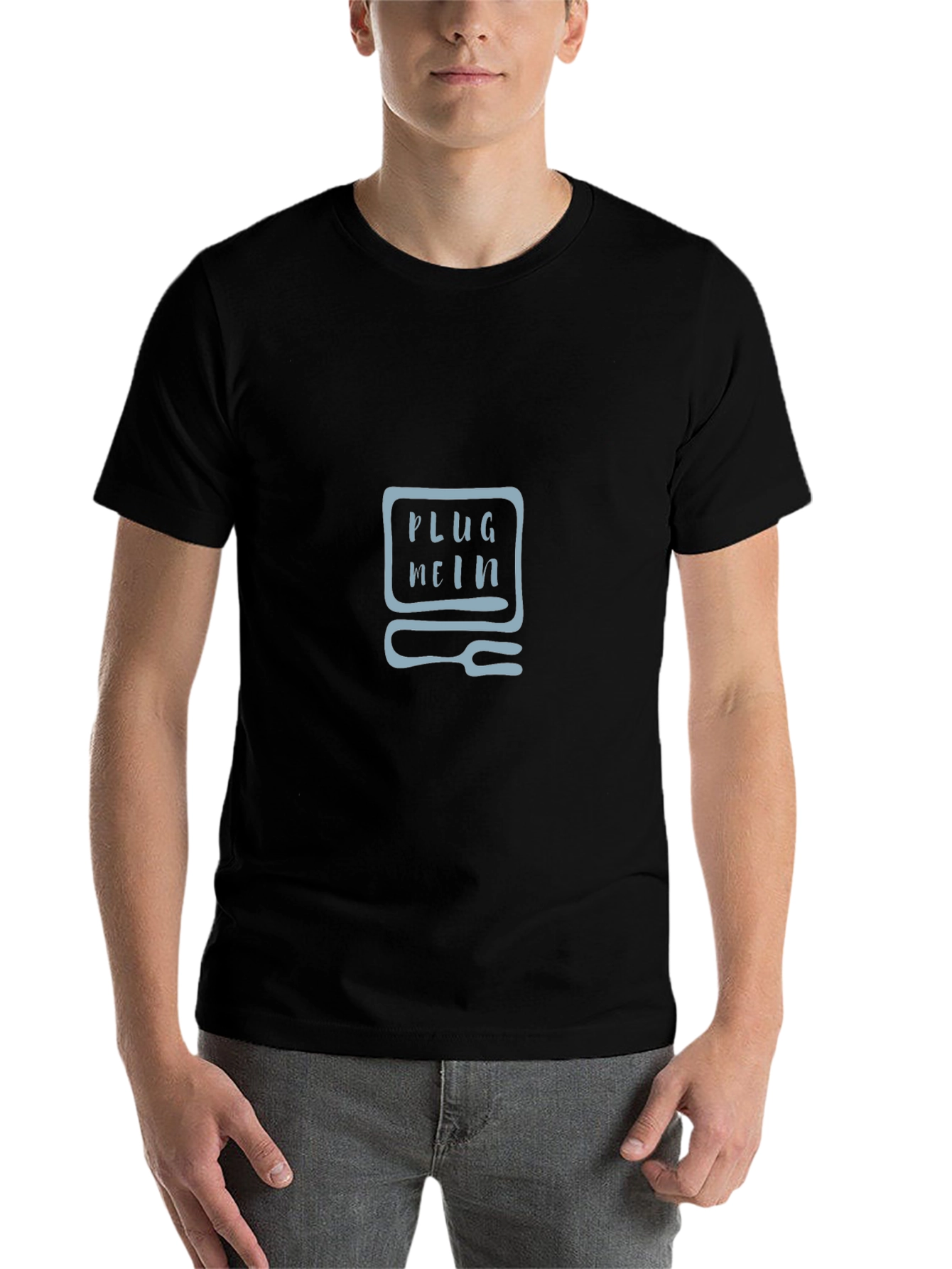 Black Plug Mein T-Shirt - Black Crew Neck Tee with Graphic Design view 7