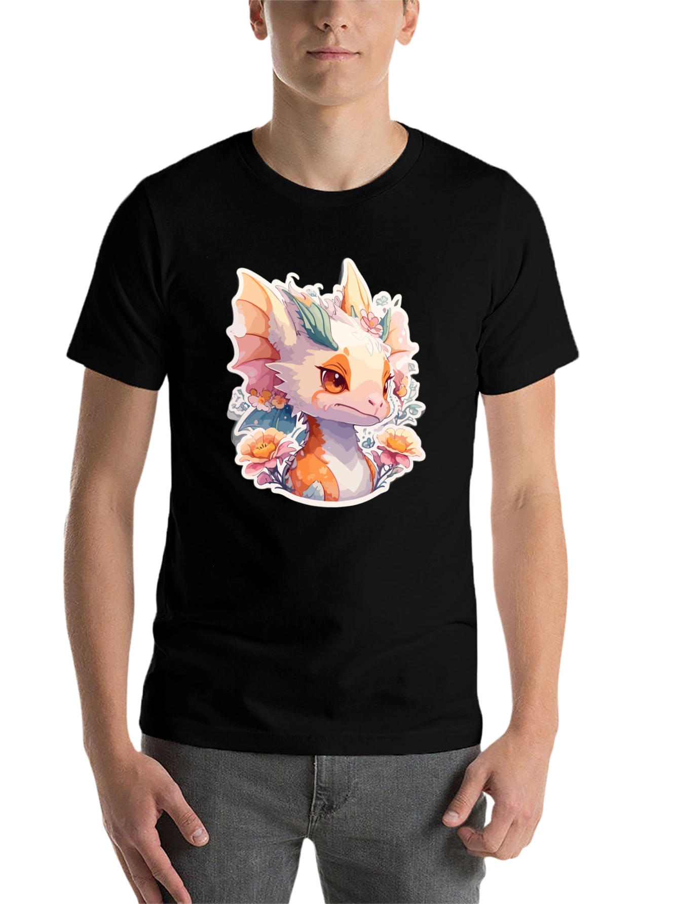 Black Dragon Floral T-Shirt: Cute Fantasy Creature Tee view 7