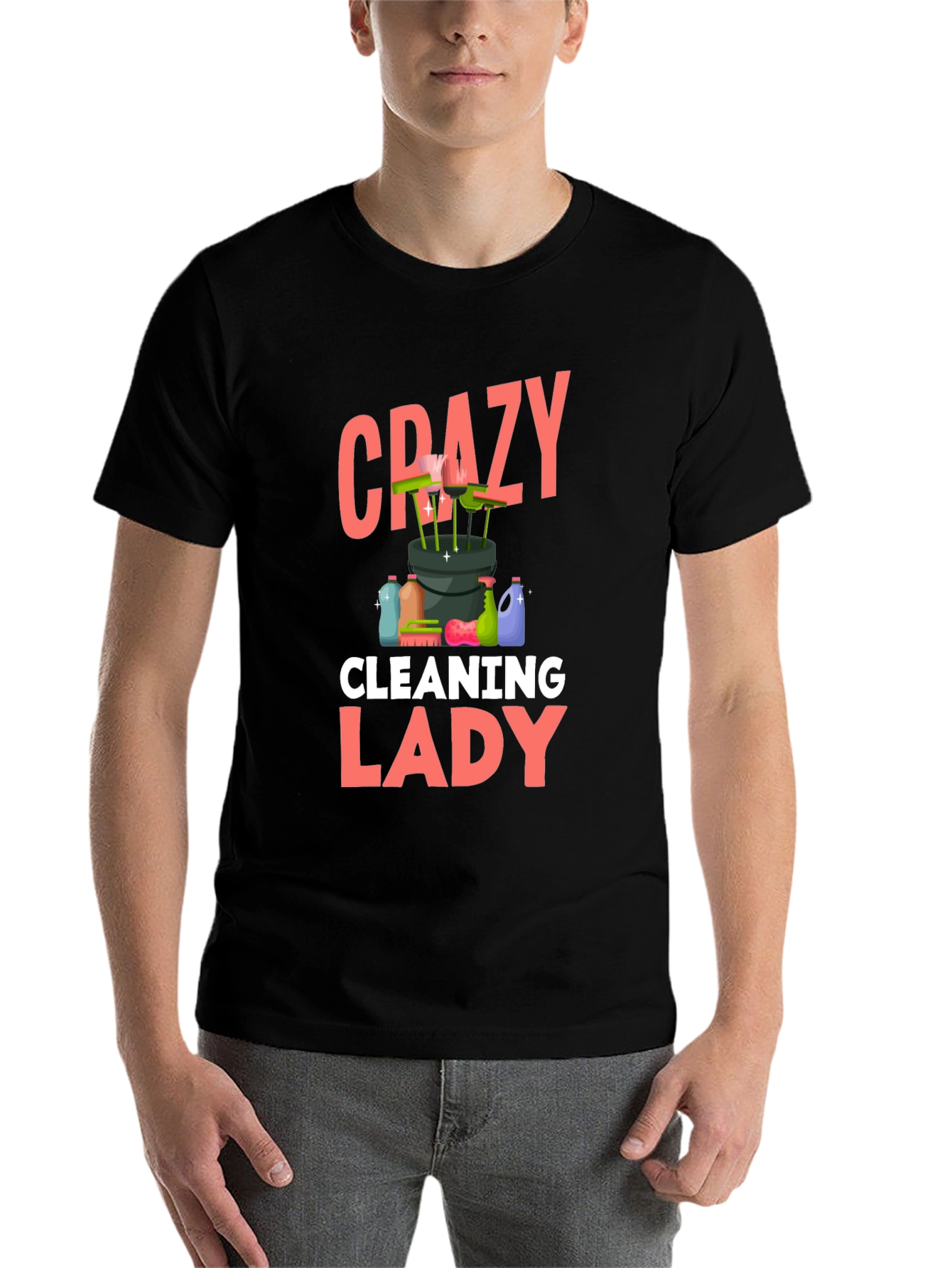 Black Crazy Cleaning Lady T-Shirt - Black Cotton view 7