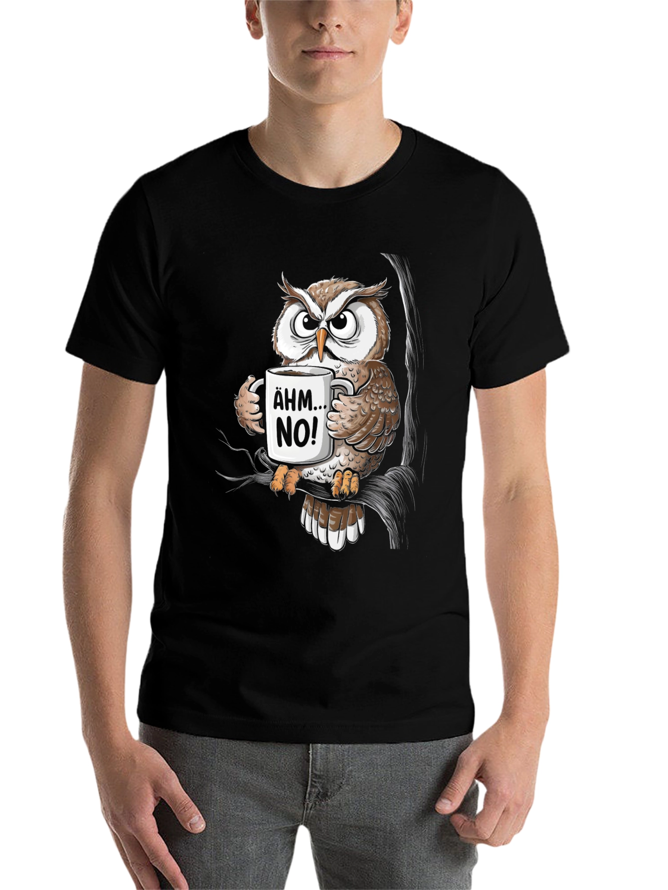 Black Funny Owl Coffee T-Shirt - Ähm No! Graphic Tee view 7