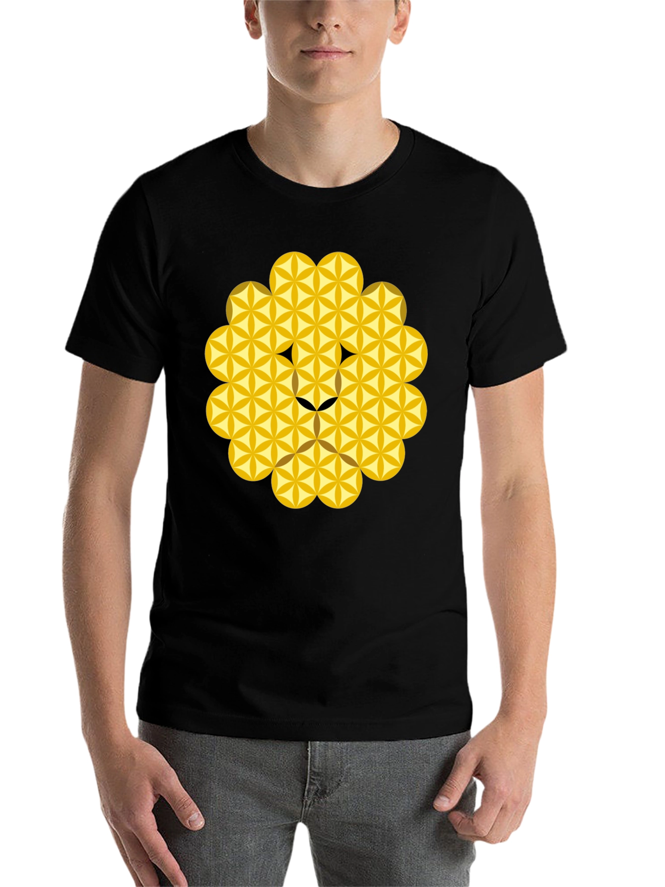 Black Geometric Flower of Life Lion Head Black T-Shirt view 7