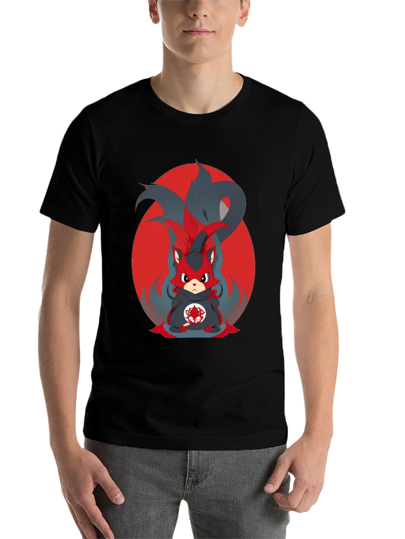 Black Anime Red Fox Graphic Tee - Men's Black T-Shirt view 7