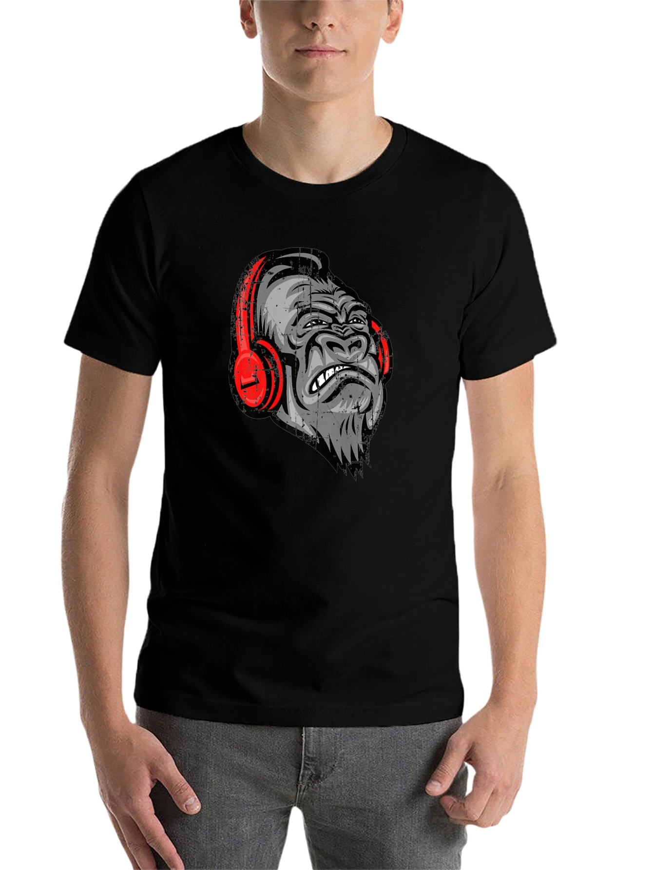 Black Cool Gorilla with Headphones Graphic Tee view 7