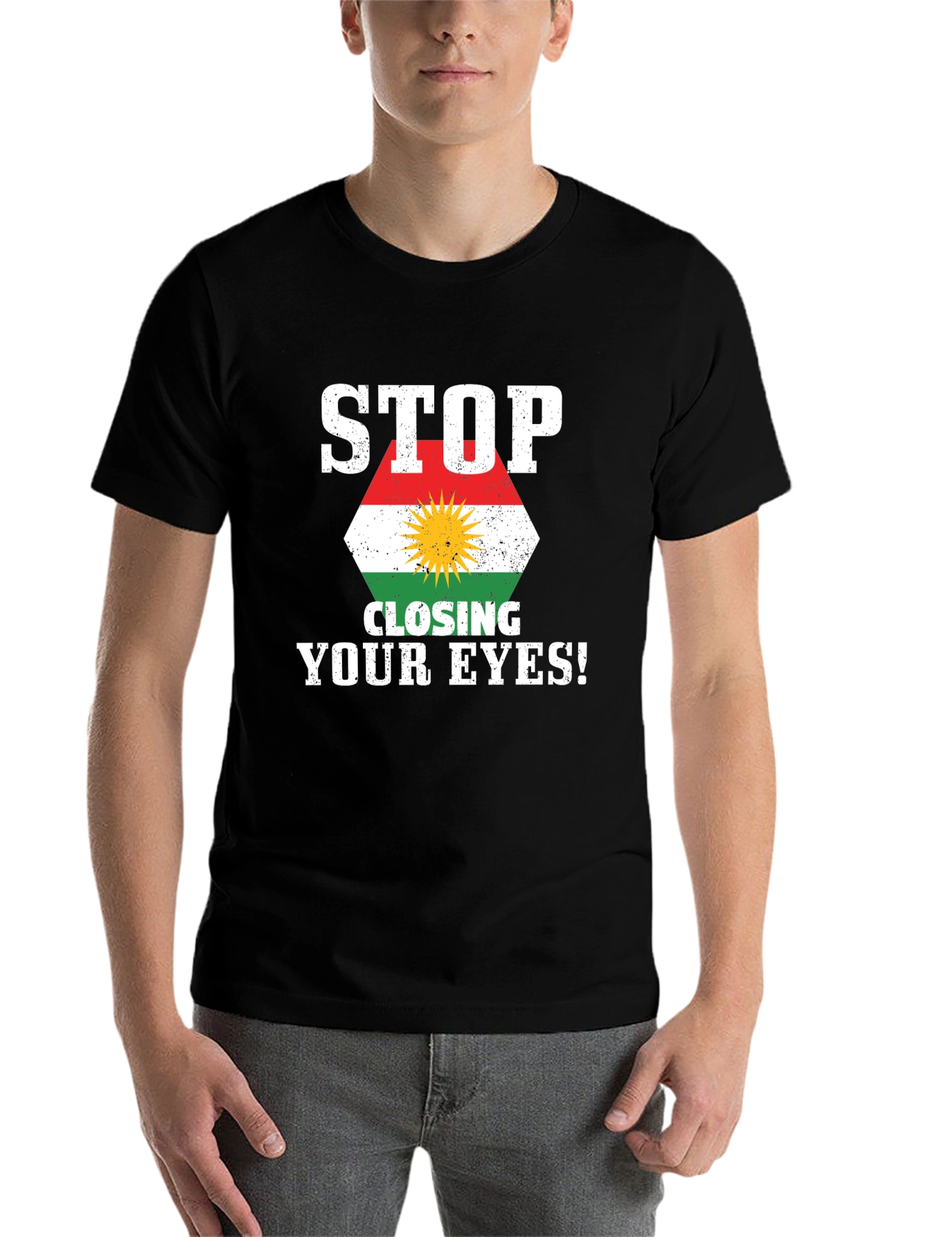 Black Stop Closing Your Eyes Kurdistan Flag T-Shirt view 7