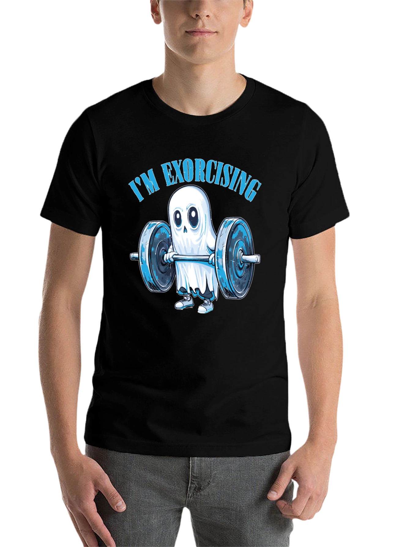 Black Funny Ghost Weightlifting T-Shirt: "I'm Exorcising!" view 7