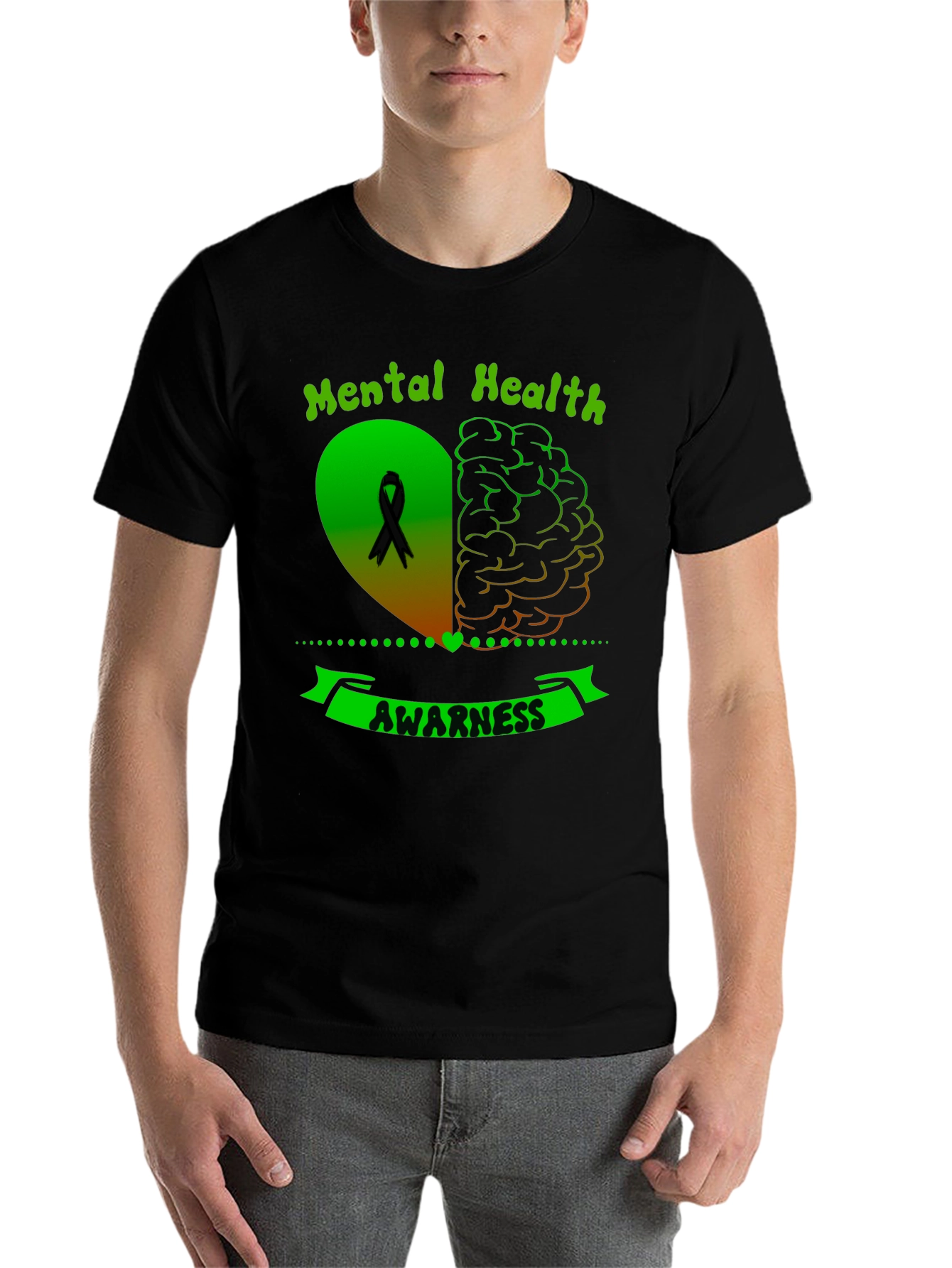 Black Mental Health Awareness Ribbon Heart Brain T-Shirt view 7