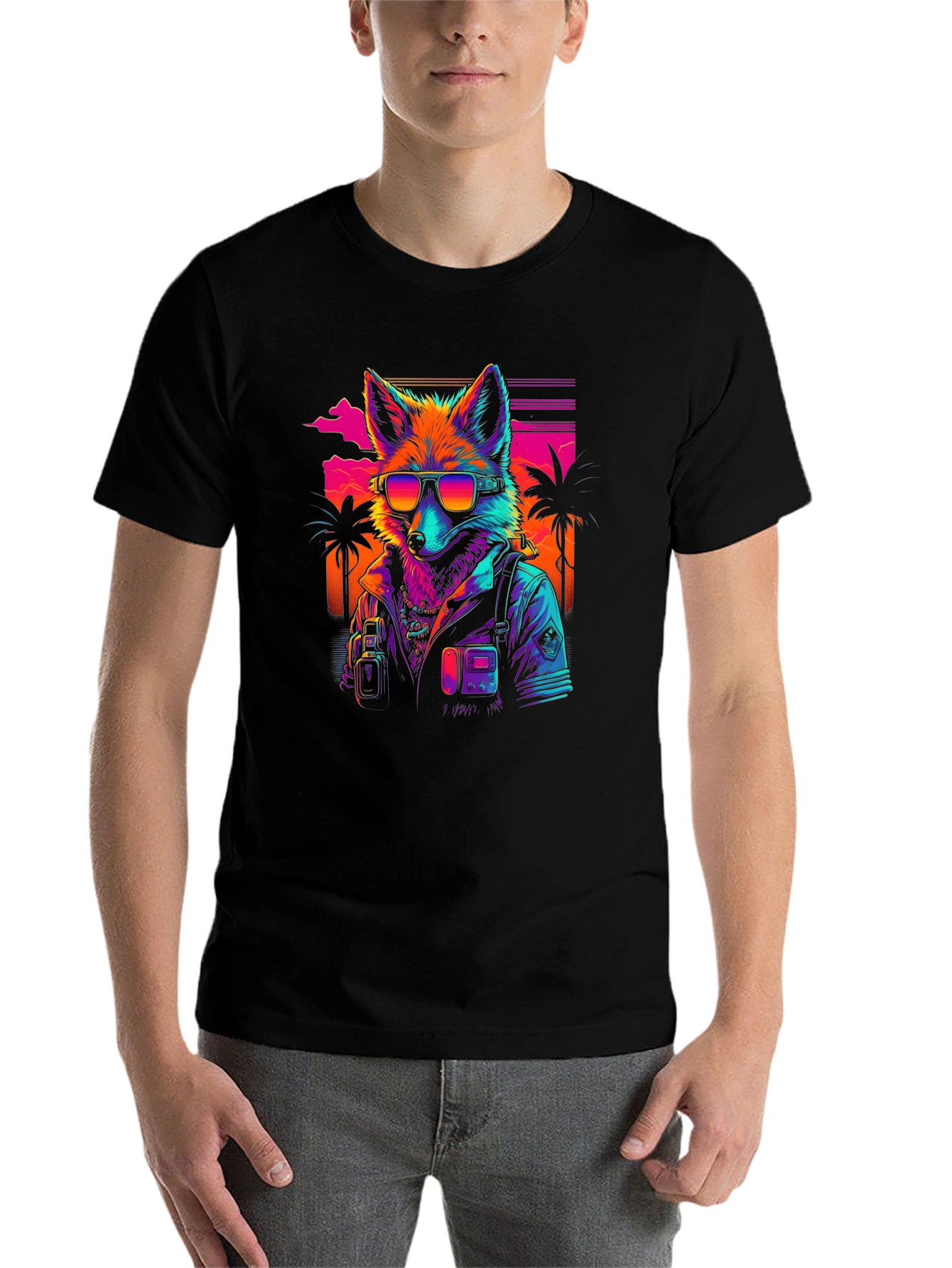 Black Retro Fox T-Shirt - Synthwave Style view 7