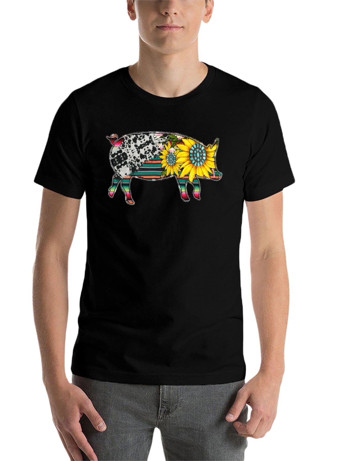 Black Sunflower Pig Graphic Tee view 7