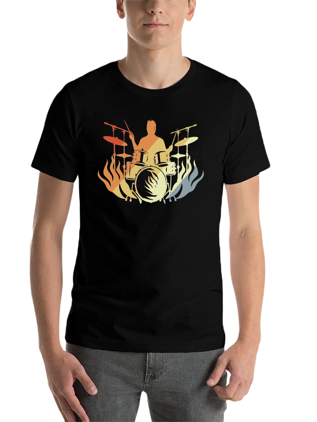 Black Drummer Fire Silhouette T-Shirt - Black Cotton Tee view 7