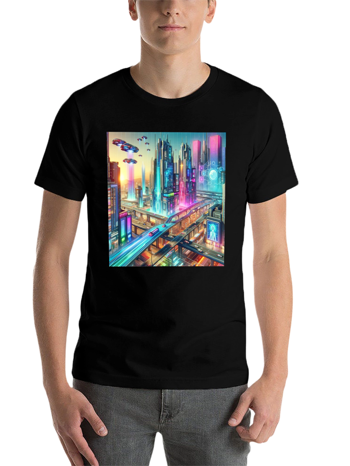 Black Futuristic Cityscape Graphic Tee - Black view 7