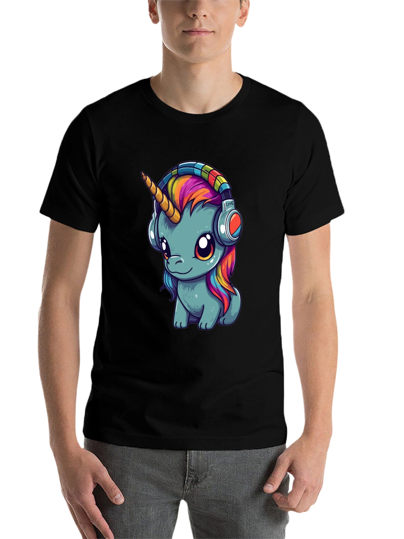 Black Unicorn Headphones Graphic Tee - Black Cotton T-Shirt view 7