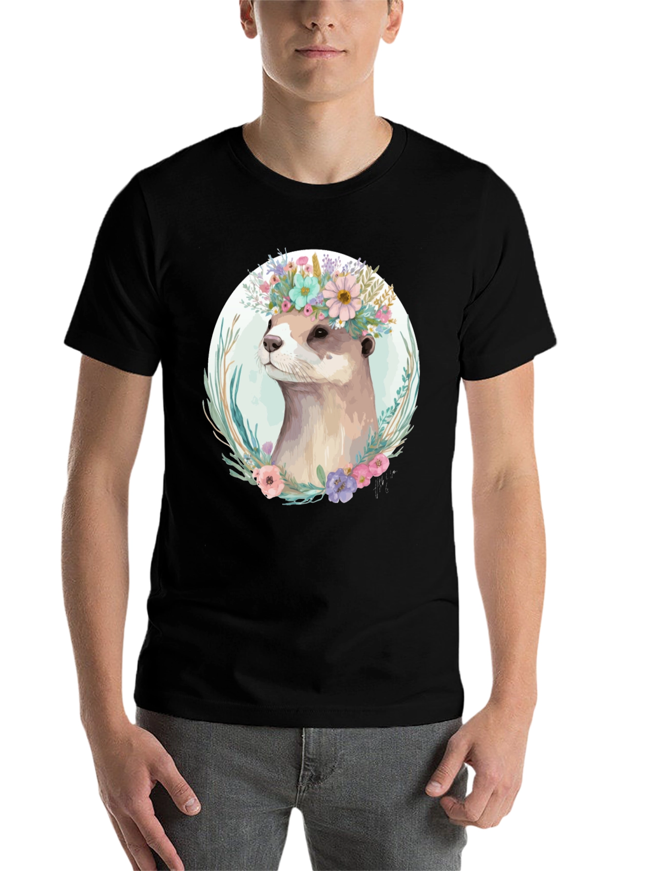 Black Otter Floral Crown T-Shirt - Stylish Animal Tee view 7