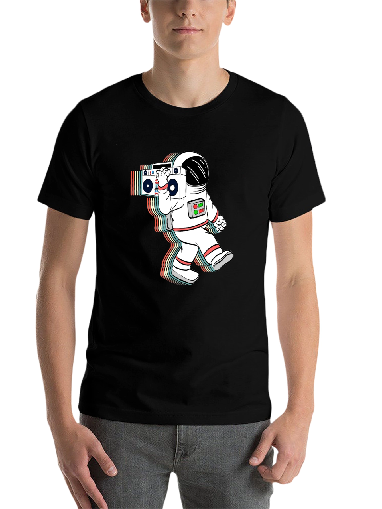 Black Retro Astronaut Boombox Black T-Shirt view 7