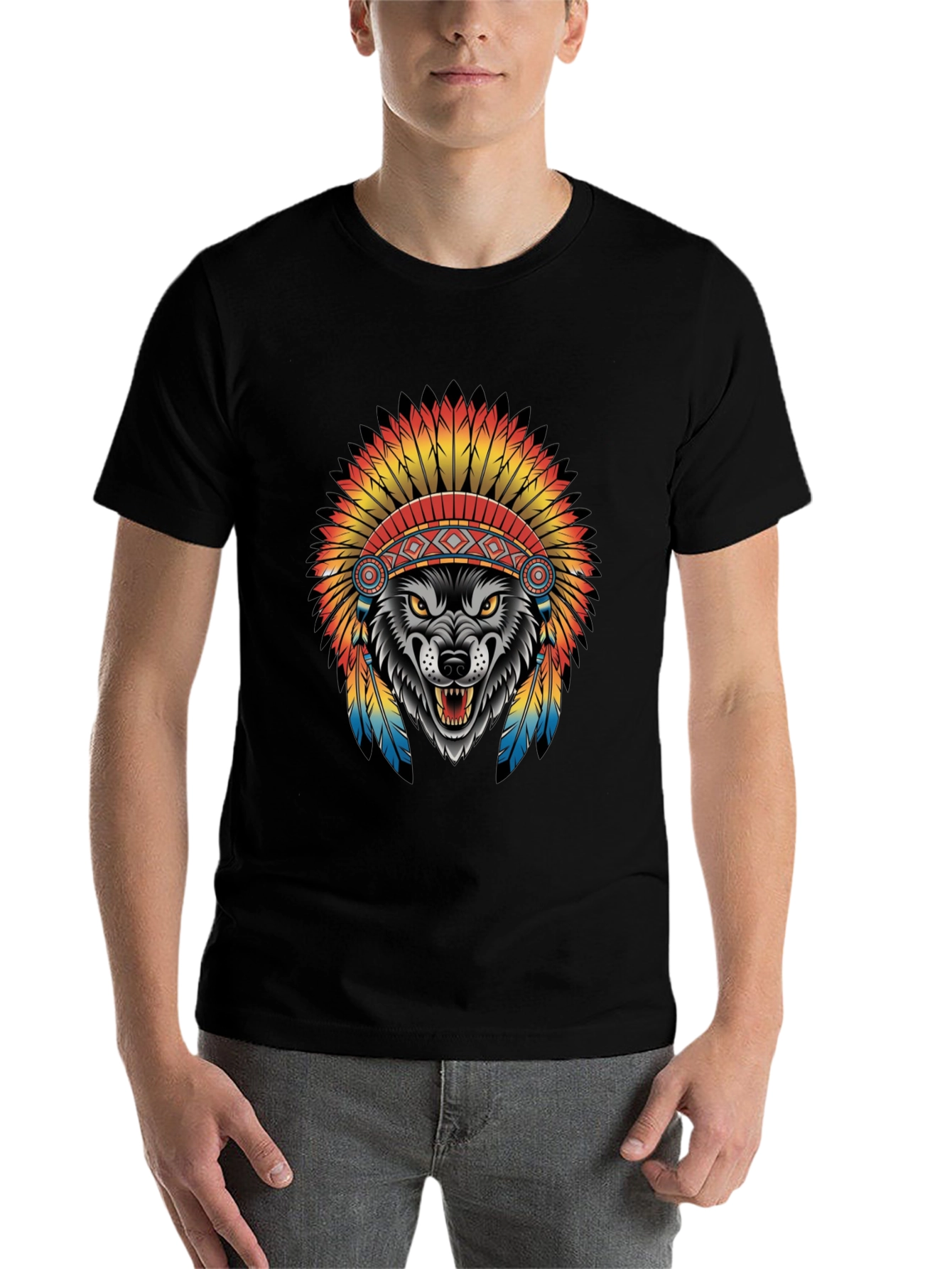 Black Wolf in Headdress Graphic Tee - Black view 7