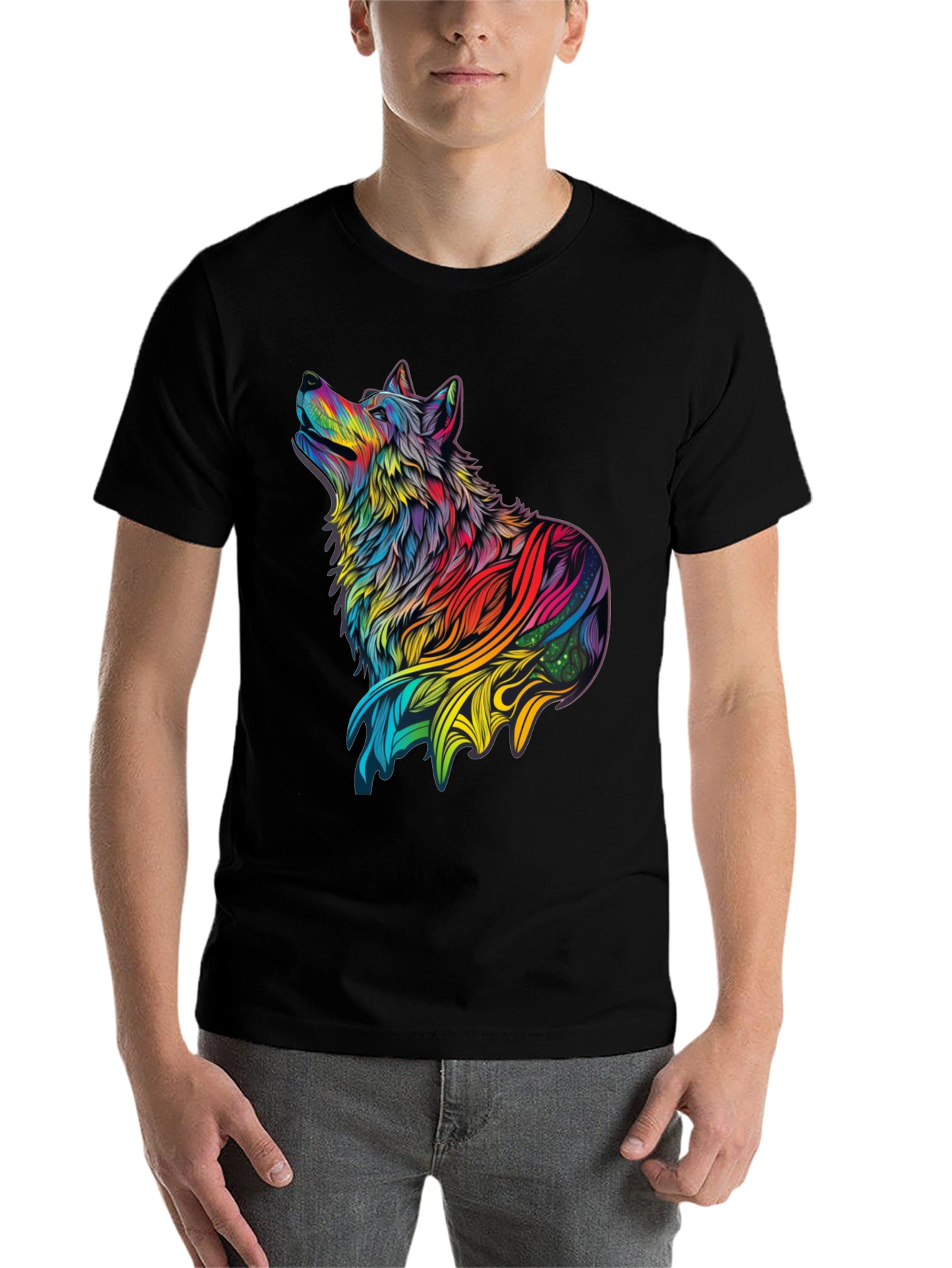 Black Rainbow Wolf Graphic Black T-Shirt view 7