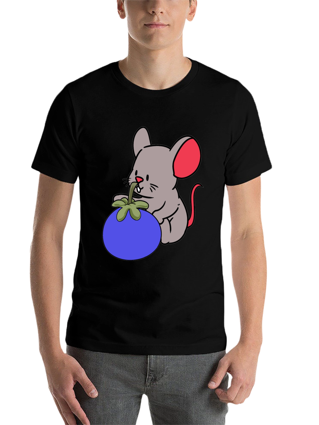 Black Cartoon Mouse & Berry Graphic Black T-Shirt view 7