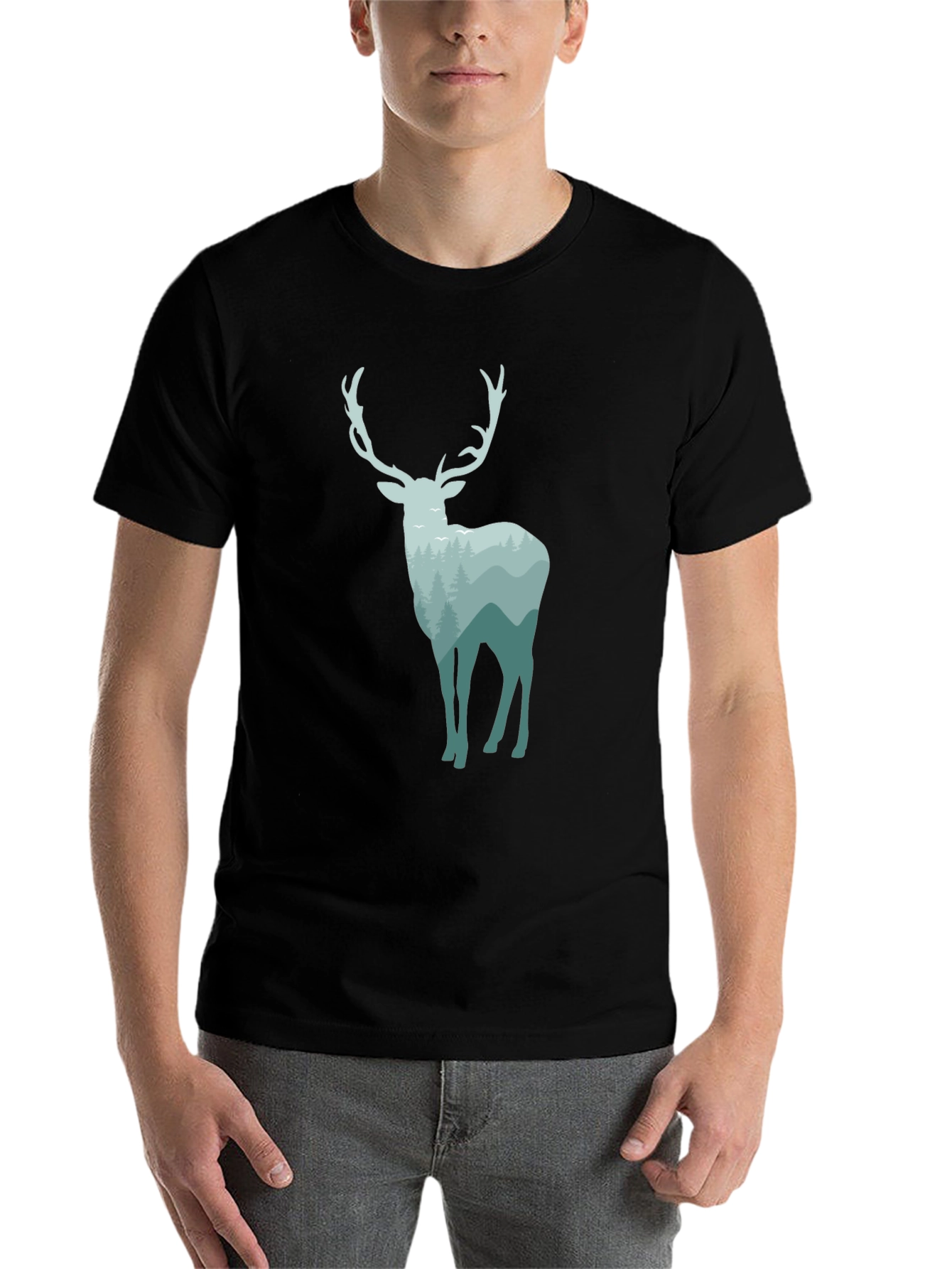 Black Nature Deer Graphic Tee - Black Cotton Blend view 7