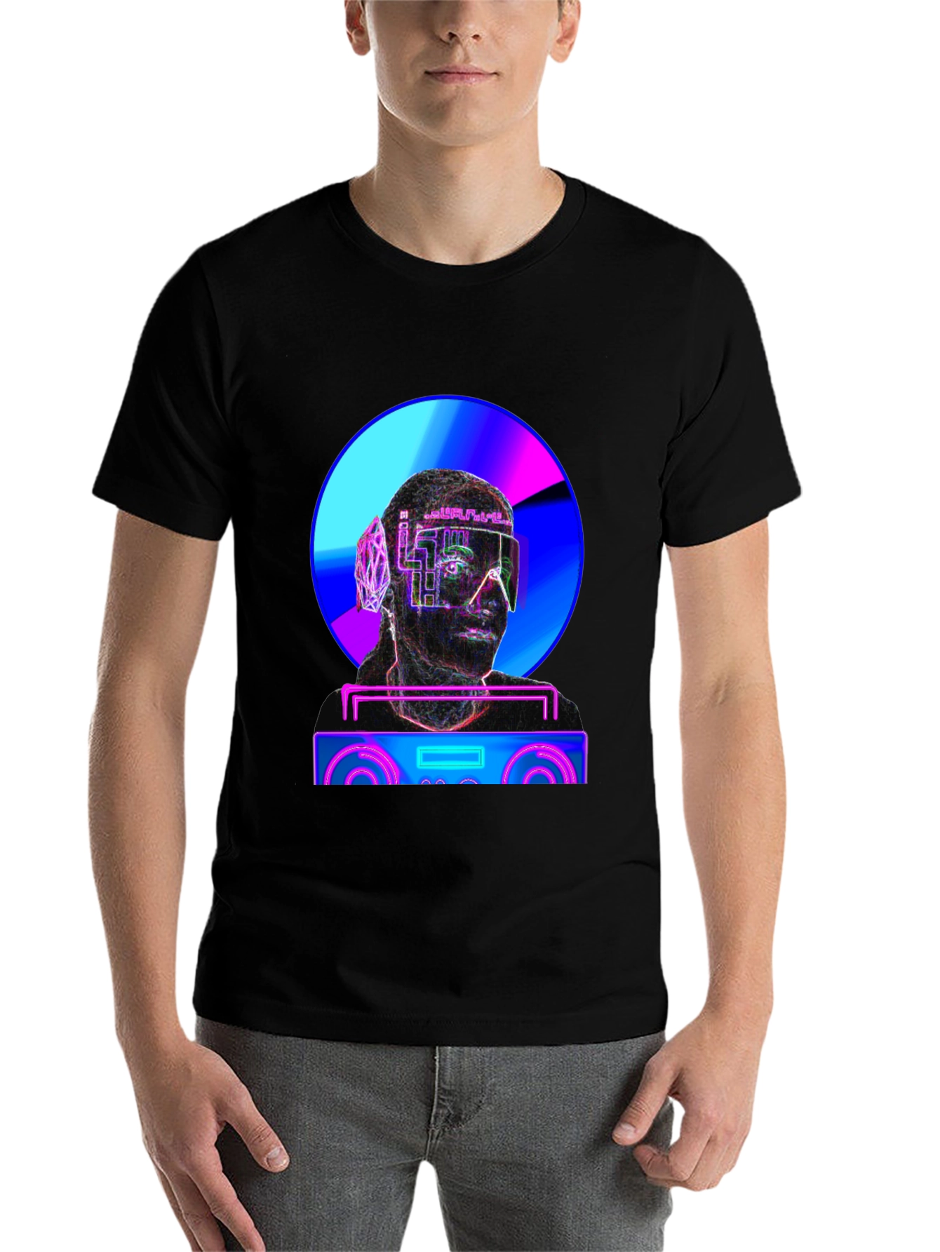 Black Cyberpunk DJ T-Shirt - Futuristic Neon Design view 7