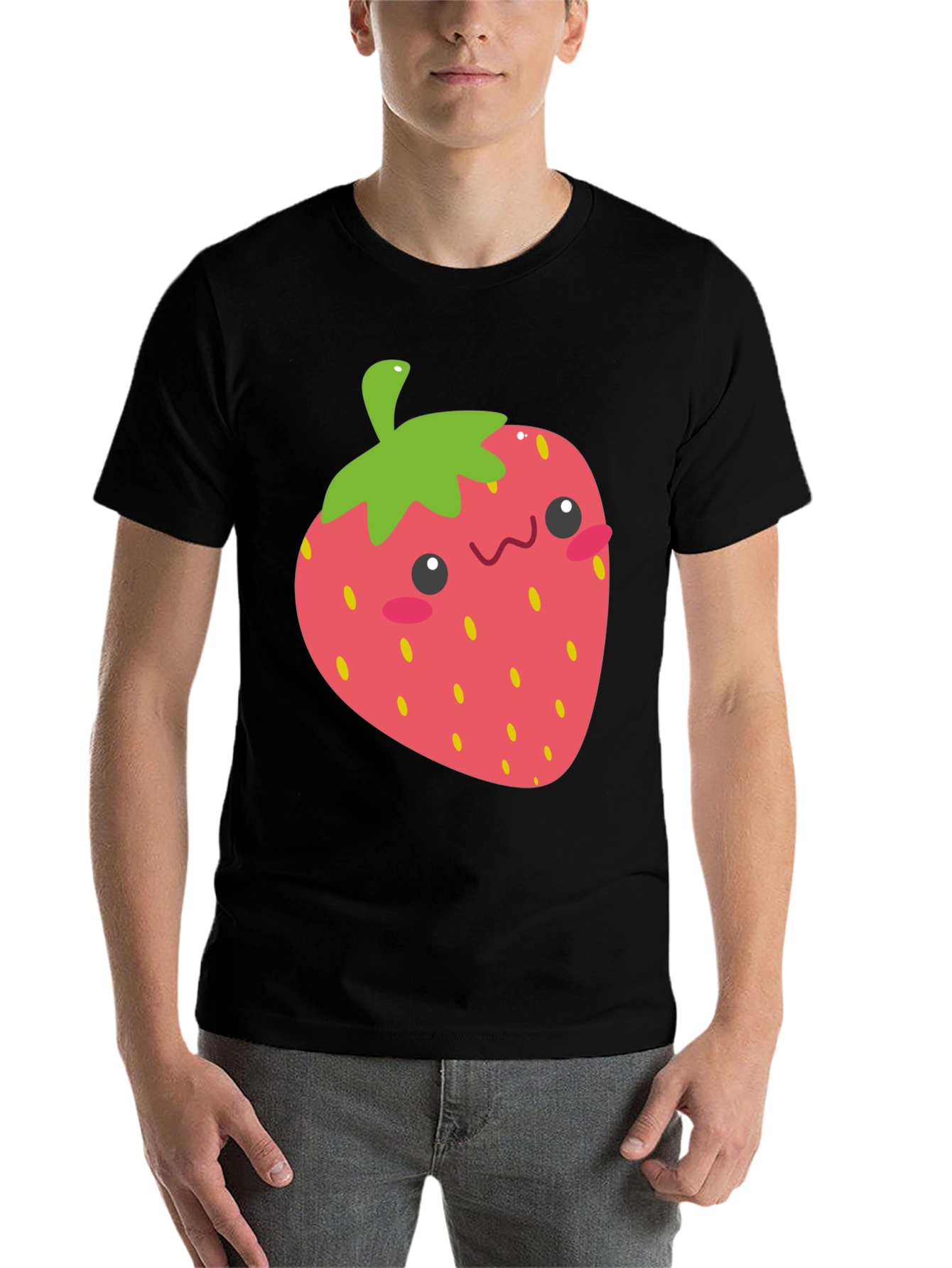 Black Cute Strawberry Graphic Tee - Black Cotton T-Shirt view 7