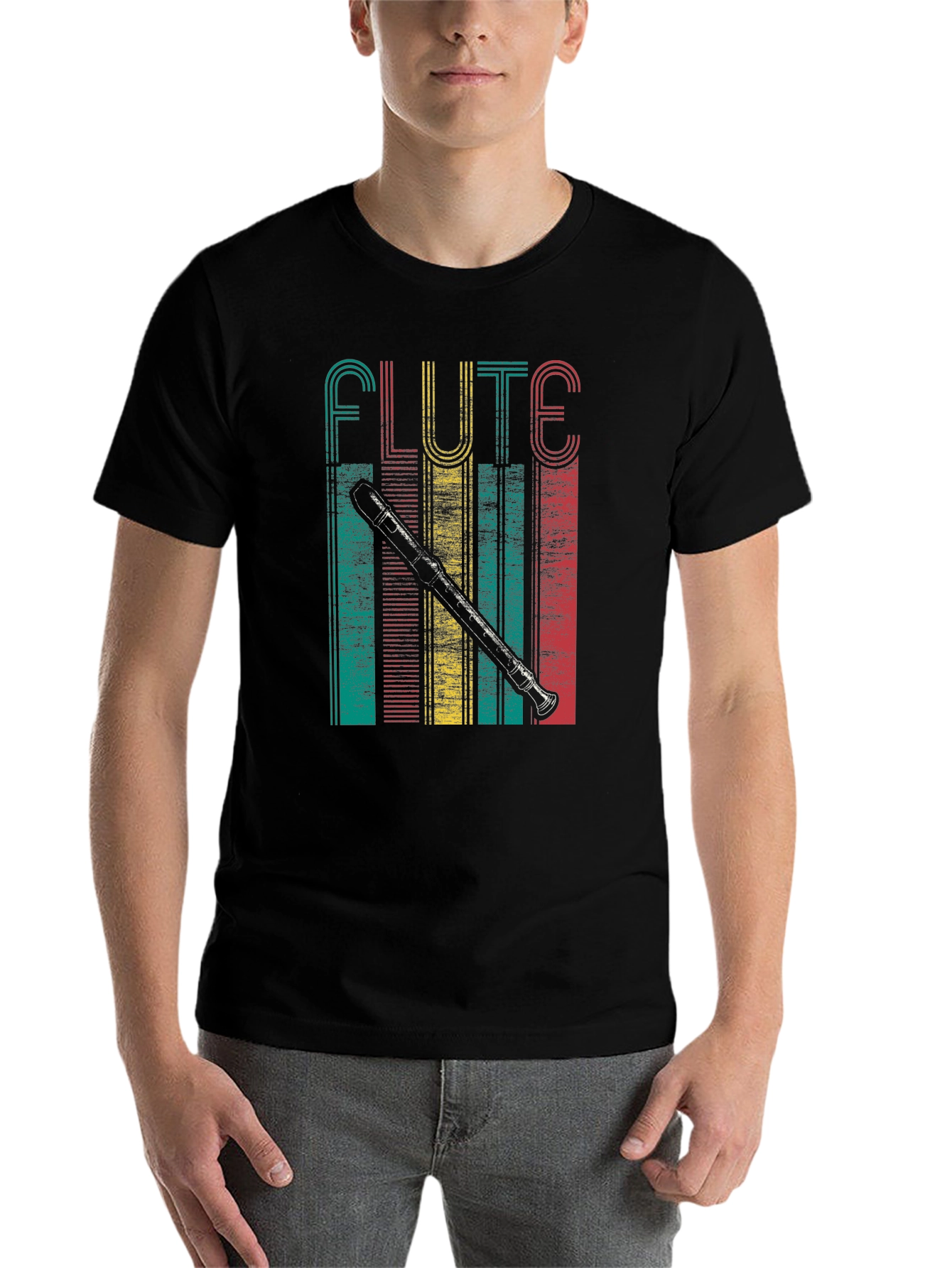 Black Retro Flute Player T-Shirt view 7