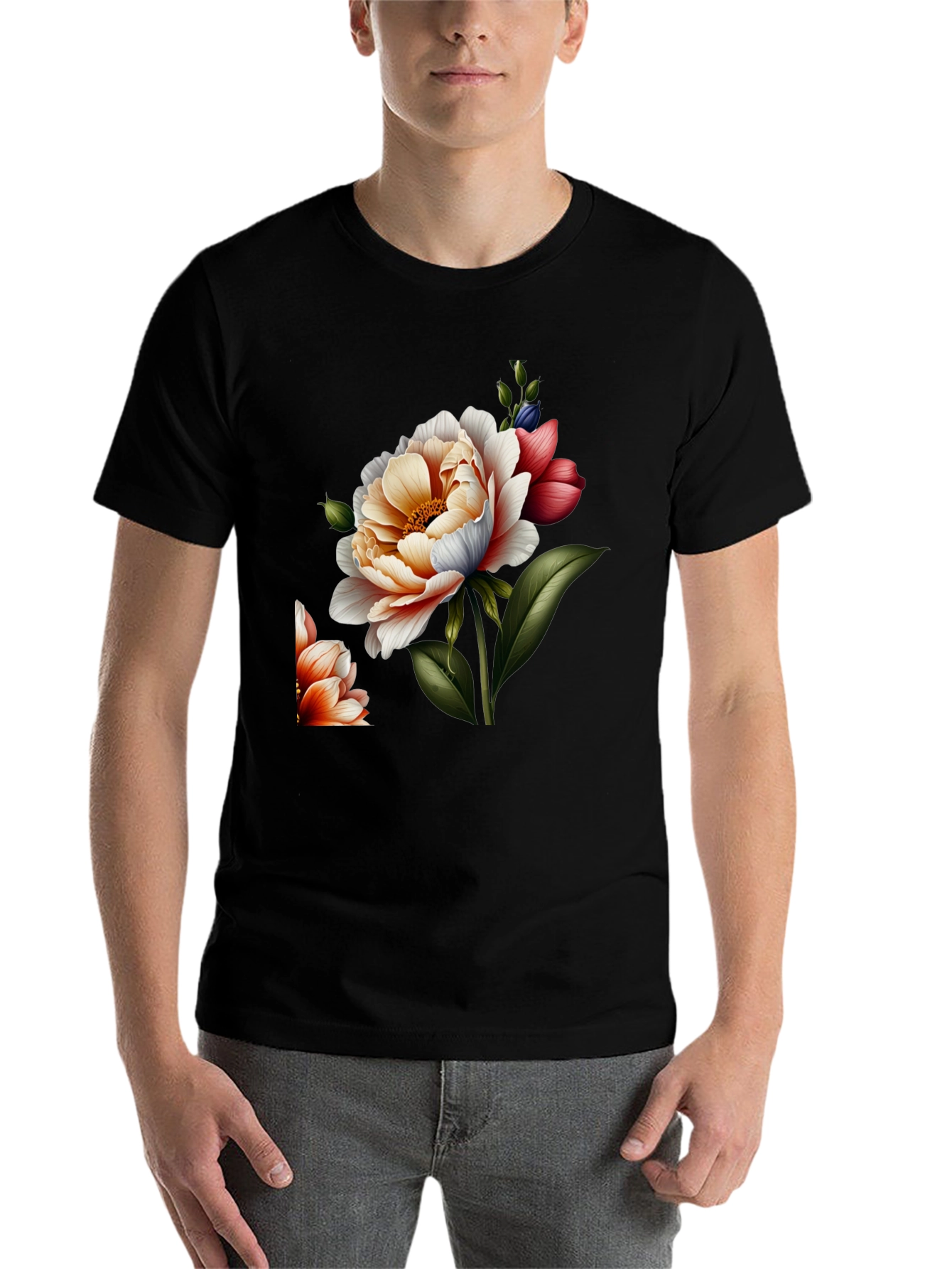 Black Floral Graphic Print Crew Neck Tee - Black view 7