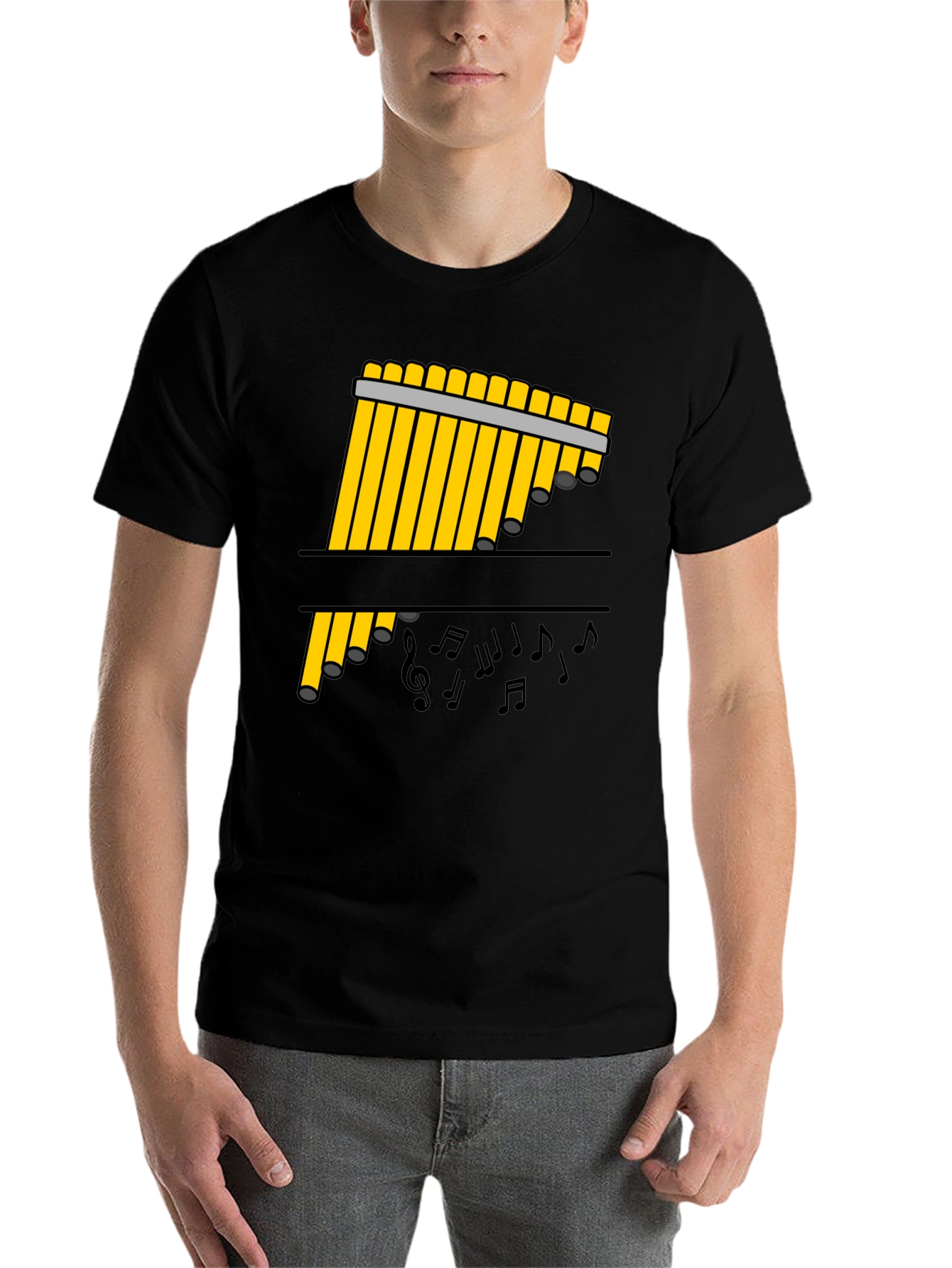 Black Pan Flute Music Notes Black Graphic Tee view 7