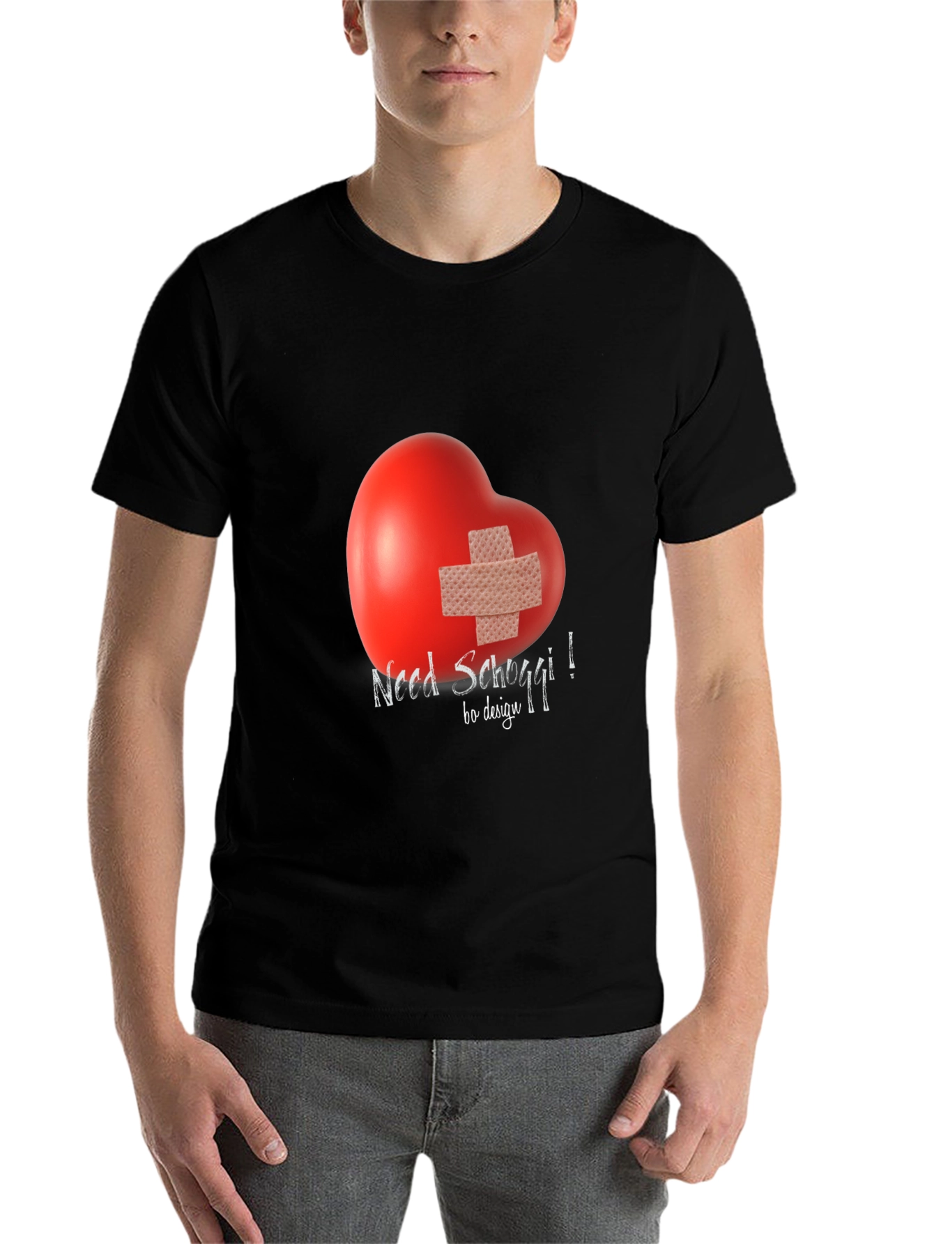 Black Need Schoggi! Heart Bandage Graphic Tee - Unisex Black T-Shirt view 7