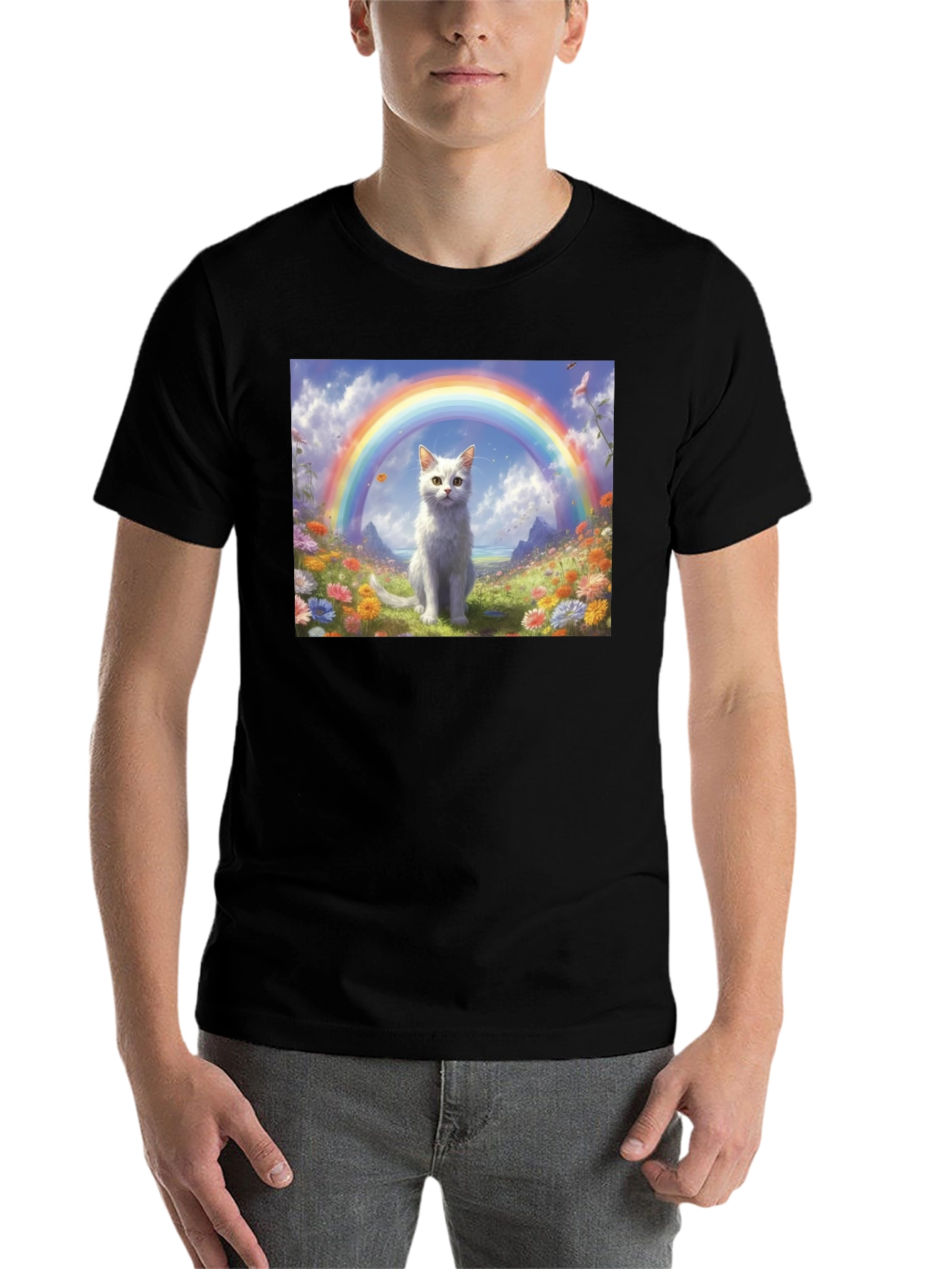 Black Cat Rainbow Field T-Shirt - Unique Design view 7