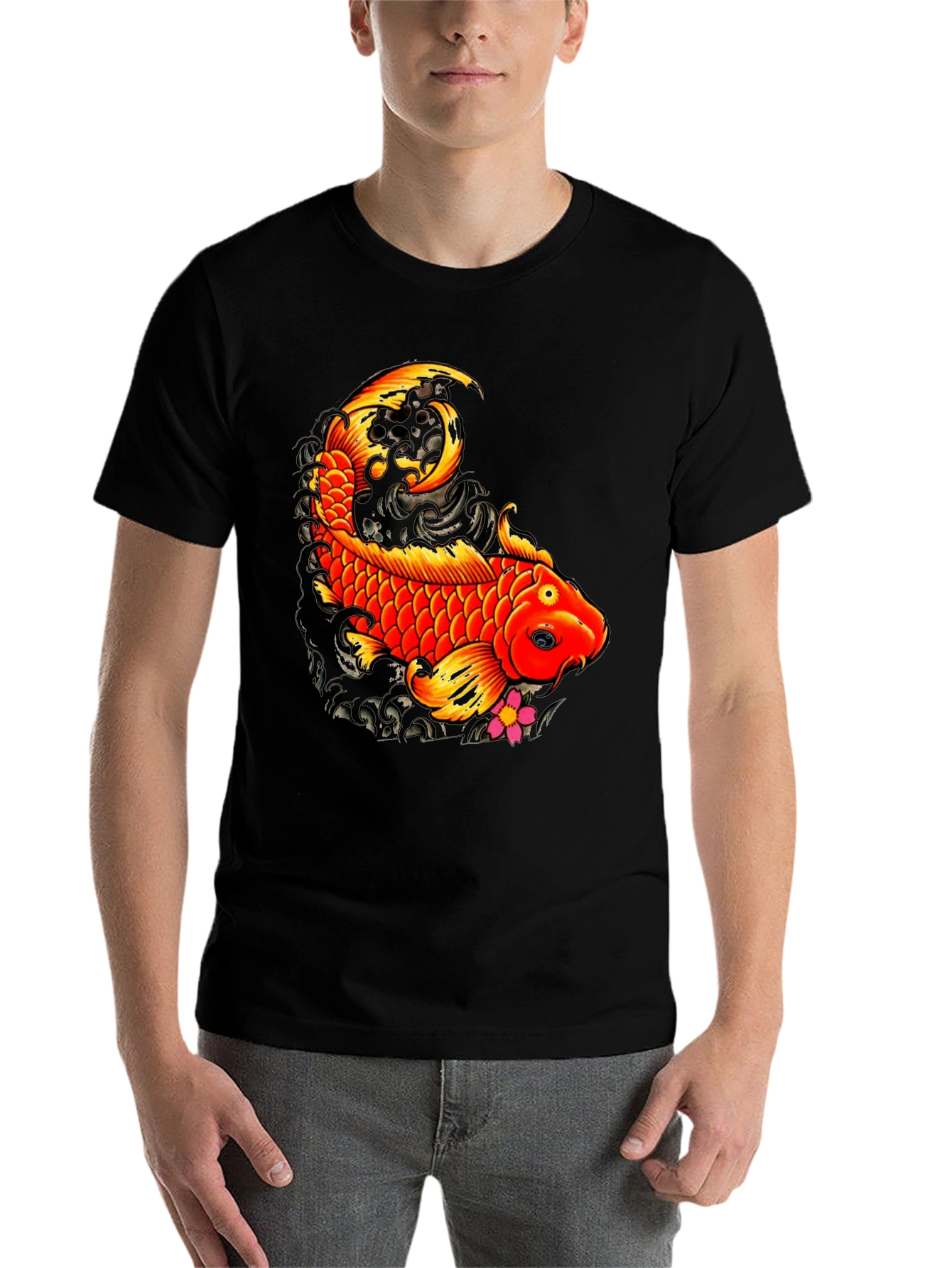 Black Koi Fish Graphic Tee - Black Casual T-Shirt view 7
