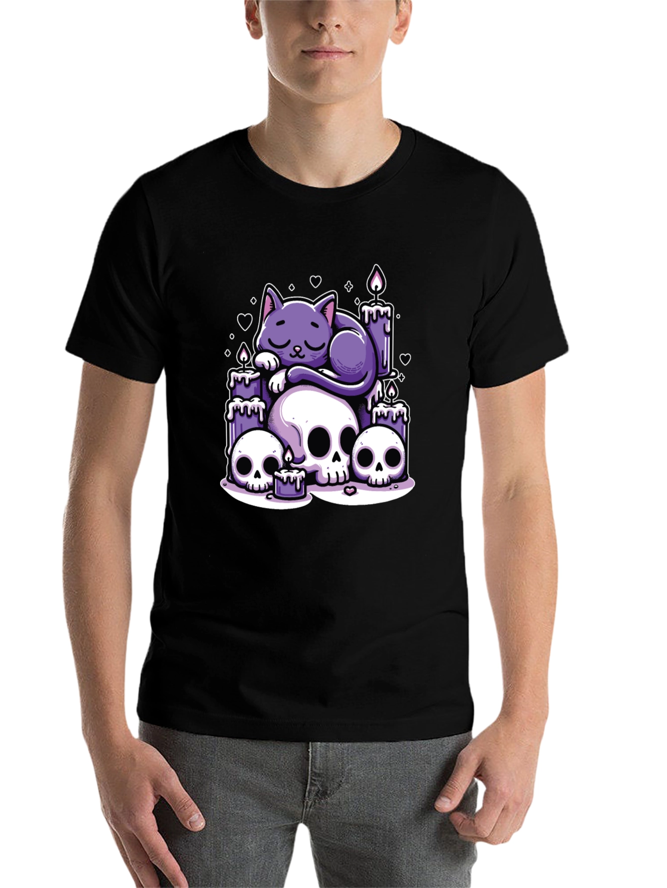 Black Gothic Cat Skull Candle Graphic Tee view 7