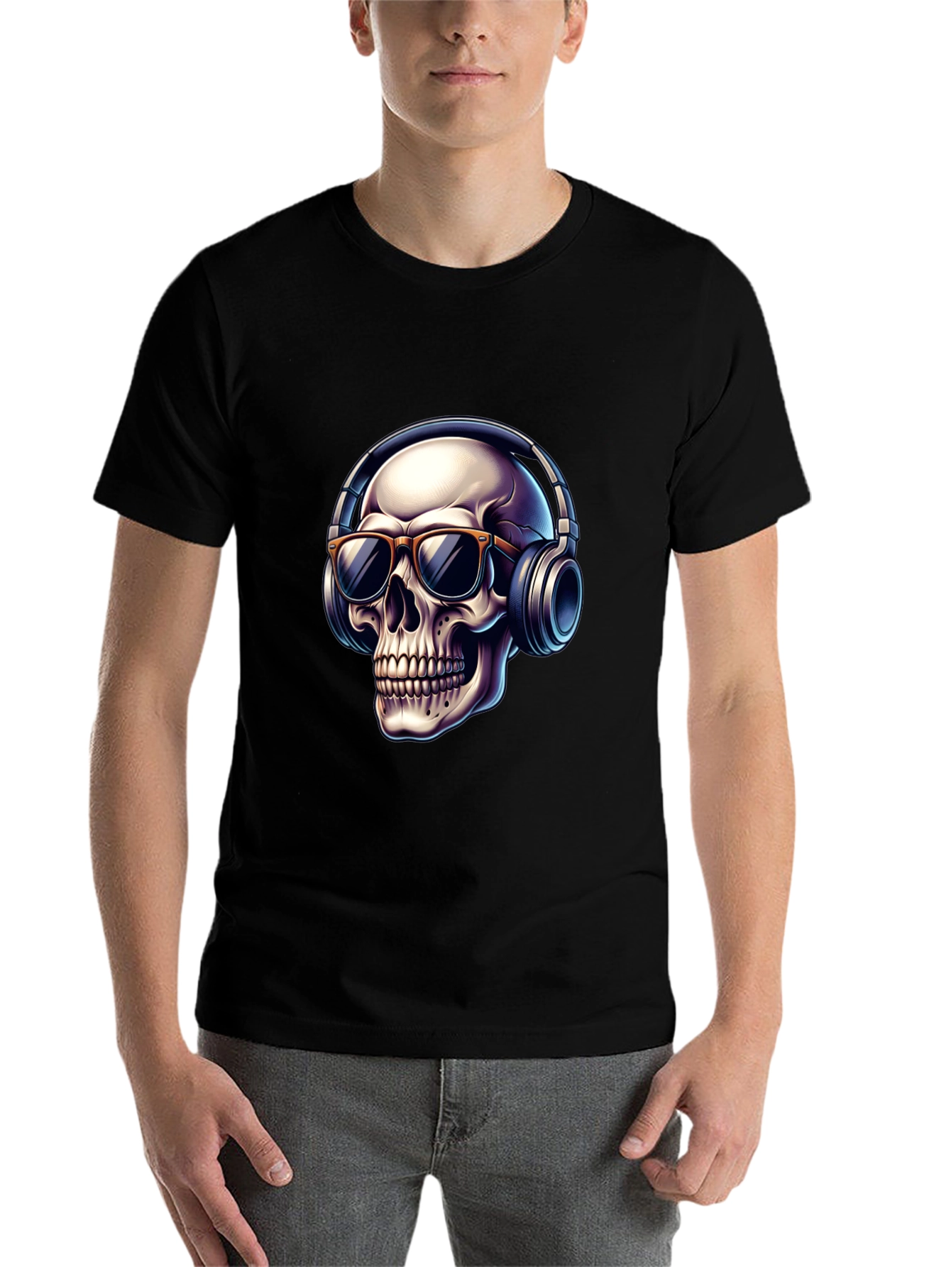 Black Skull with Headphones Graphic T-Shirt - Cool Design view 7
