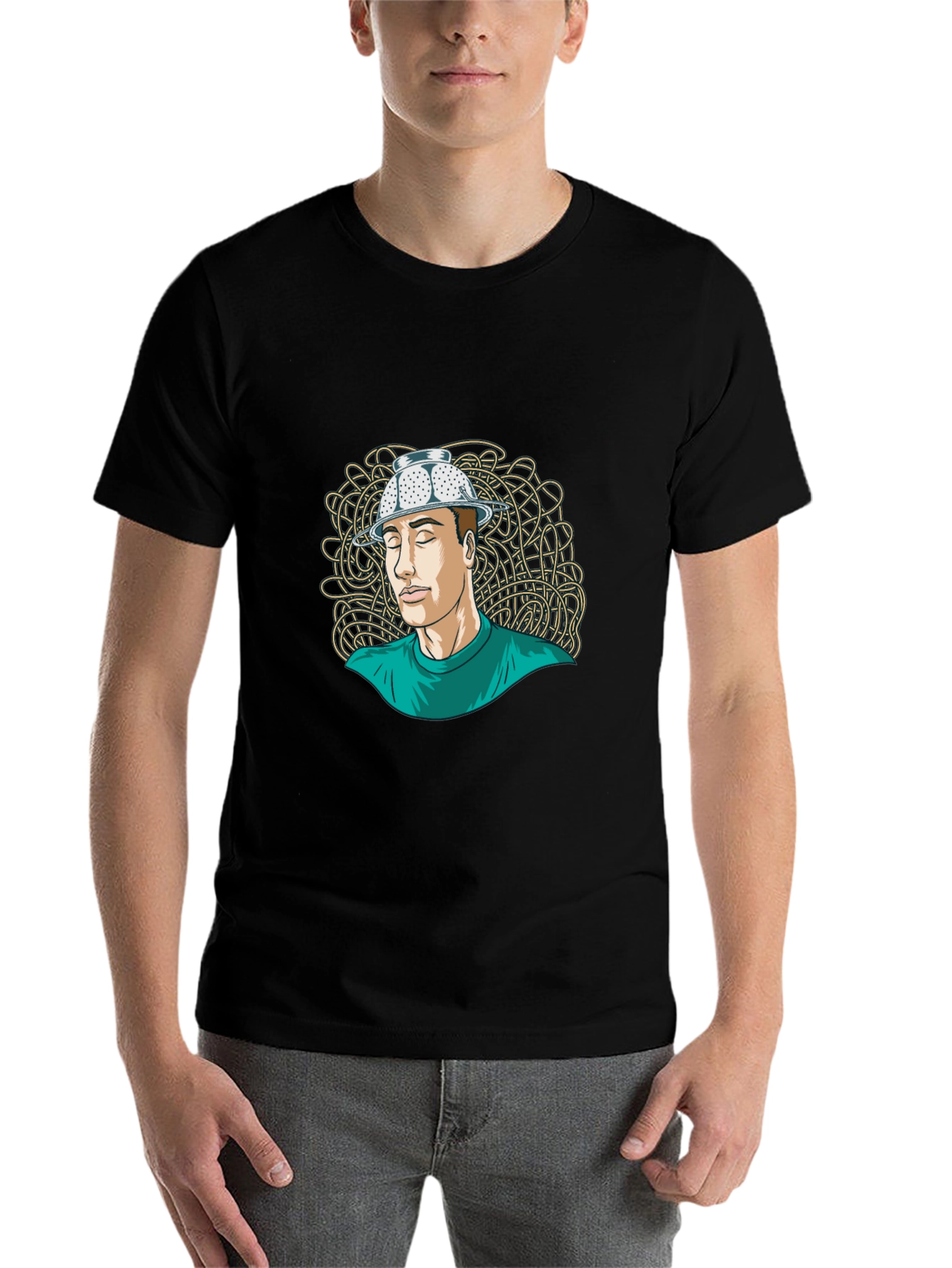 Black Colander Hat Man Tee - Quirky Graphic T-Shirt view 7