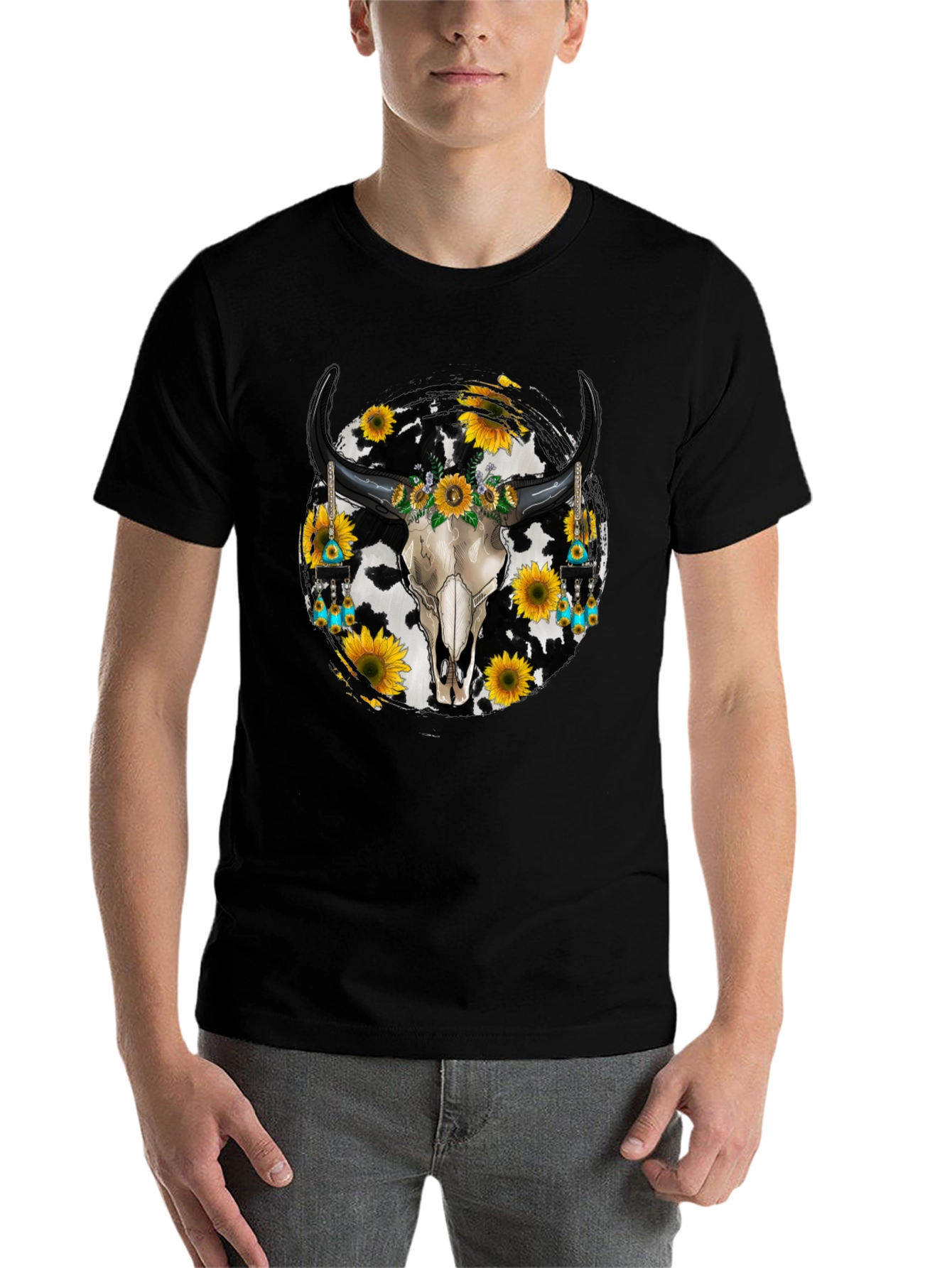 Black Cow Skull Sunflower Graphic Tee view 7