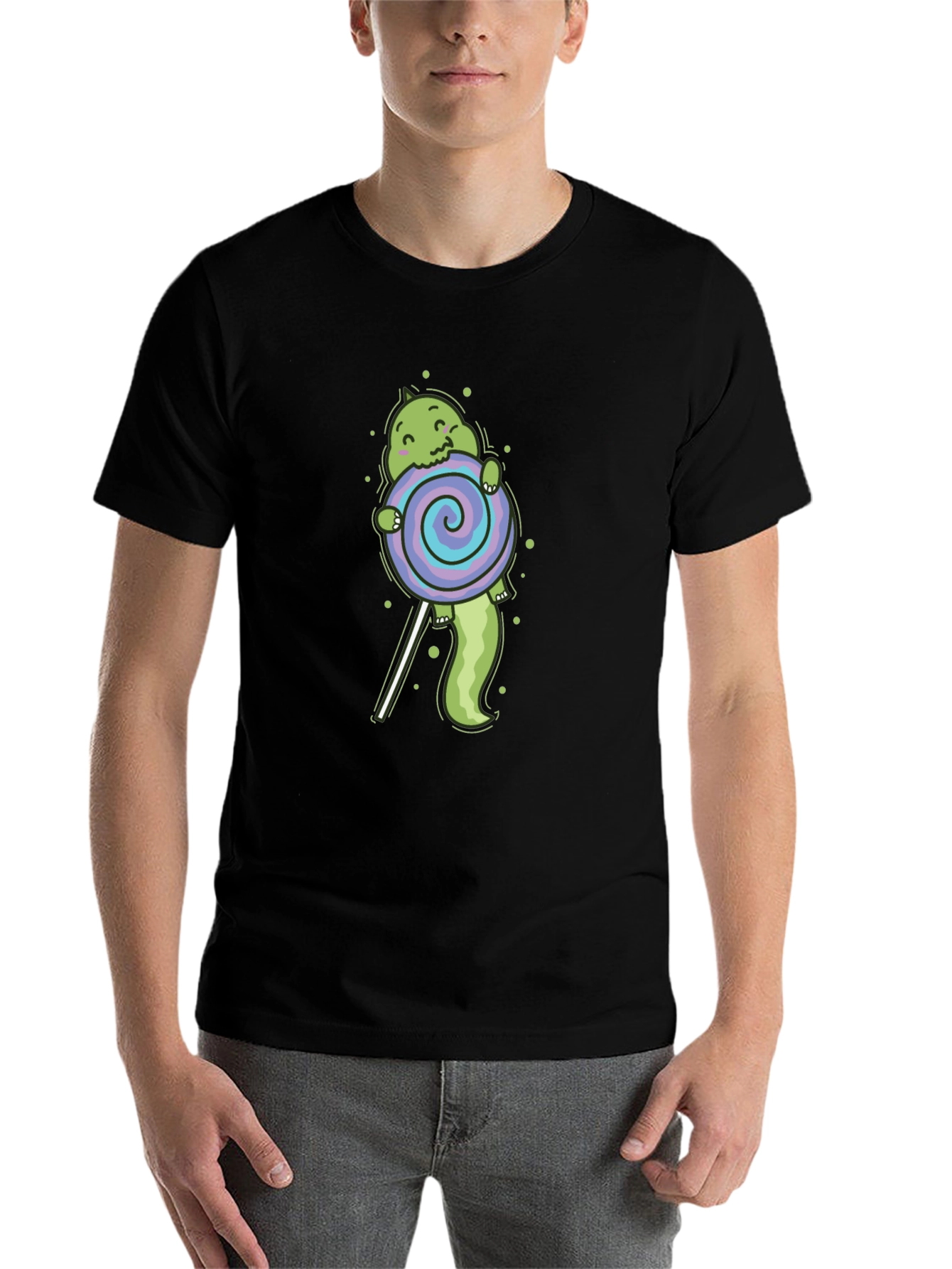 Black Cartoon Dinosaur Lollipop Graphic T-Shirt view 7