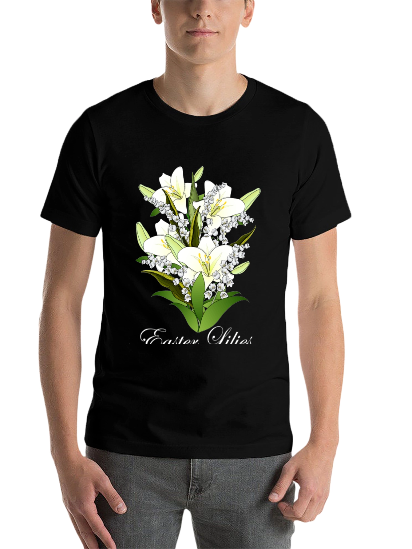 Black Easter Lilies T-Shirt - Floral Spring Design view 7