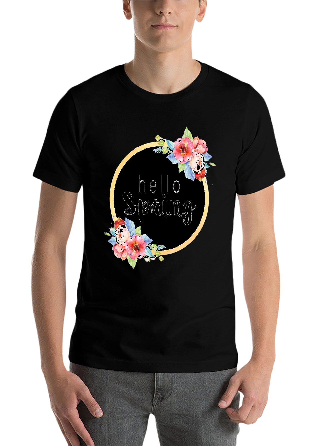 Black Hello Spring Floral Wreath T-Shirt view 7