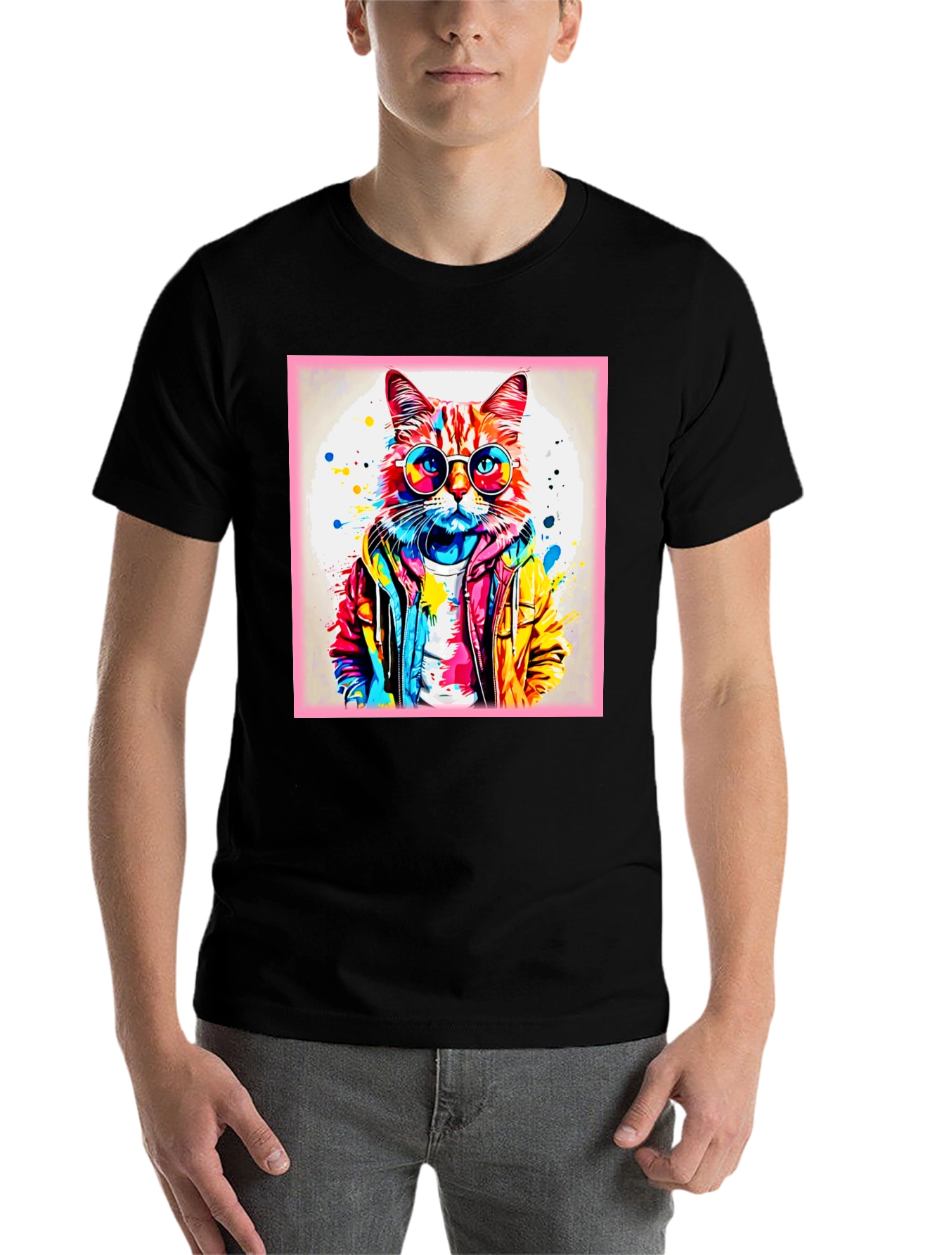 Black Cool Cat Graphic Tee - Colorful Art Design view 7