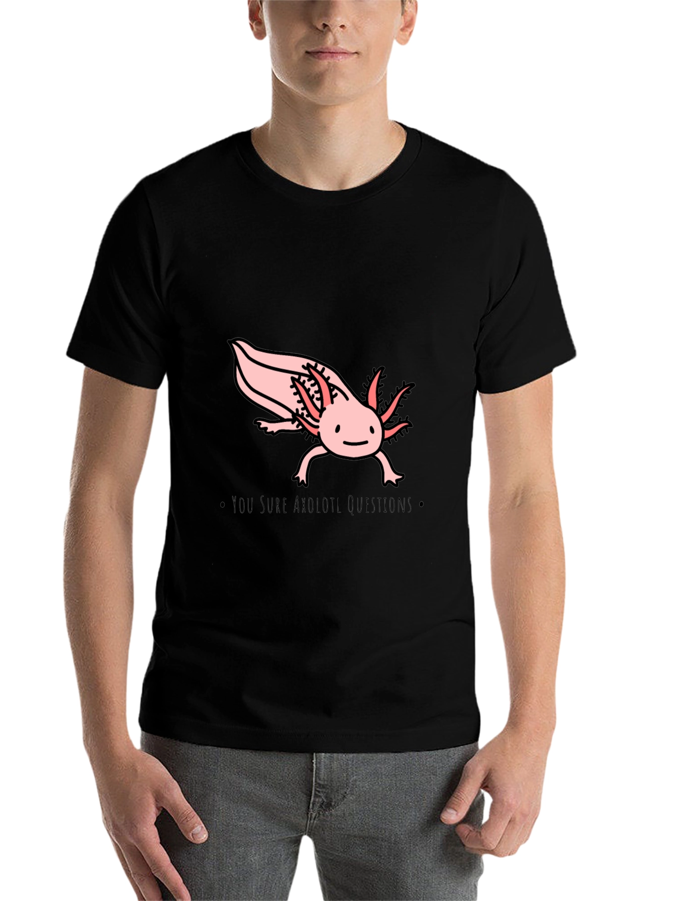 Black Axolotl Questions T-Shirt - Black Cotton Crew Neck view 7