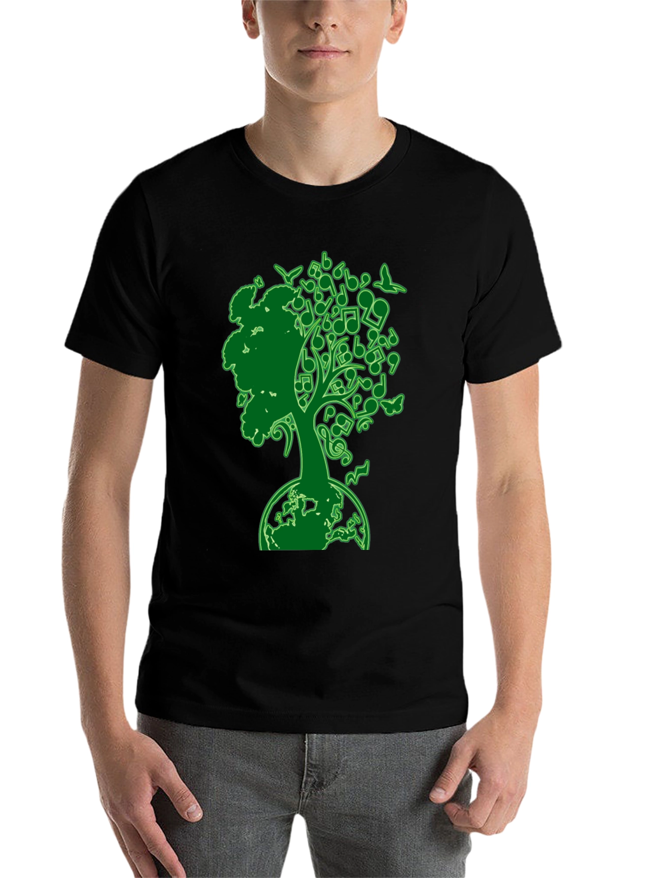 Black Musical Earth Tree Graphic T-Shirt - Nature & Music view 7