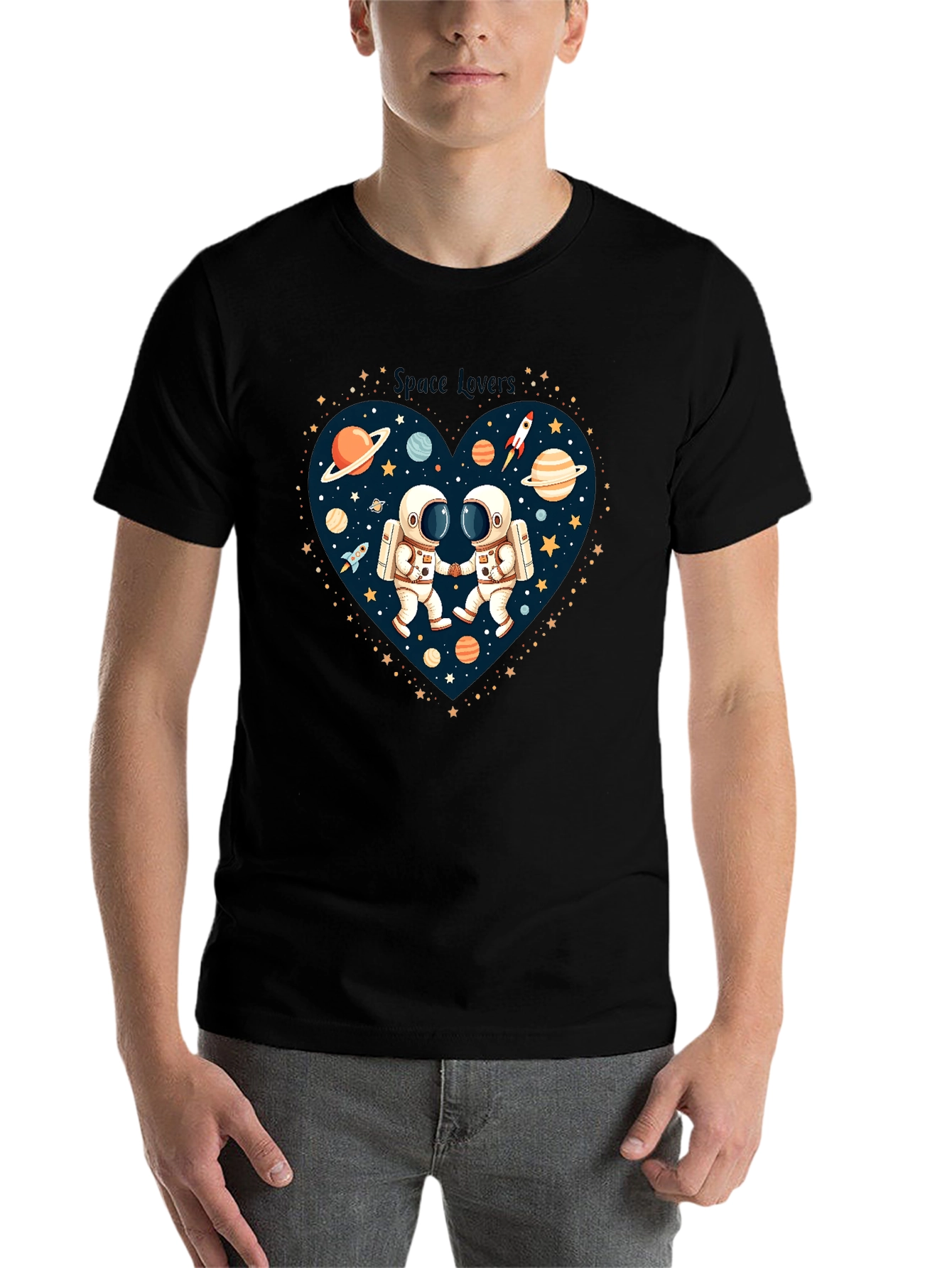 Black Space Lovers Graphic T-Shirt - Astronauts in Love! view 7