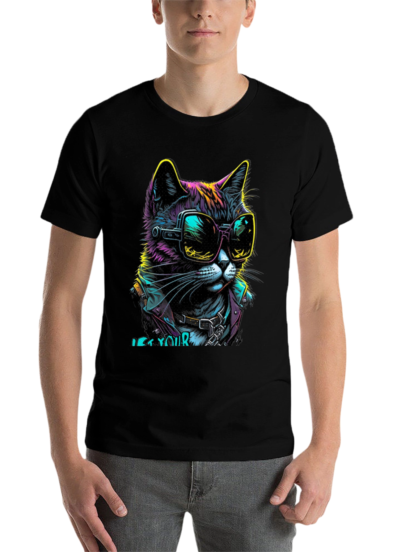 Black Cool Cat Graphic T-Shirt - Unique Neon Design view 7